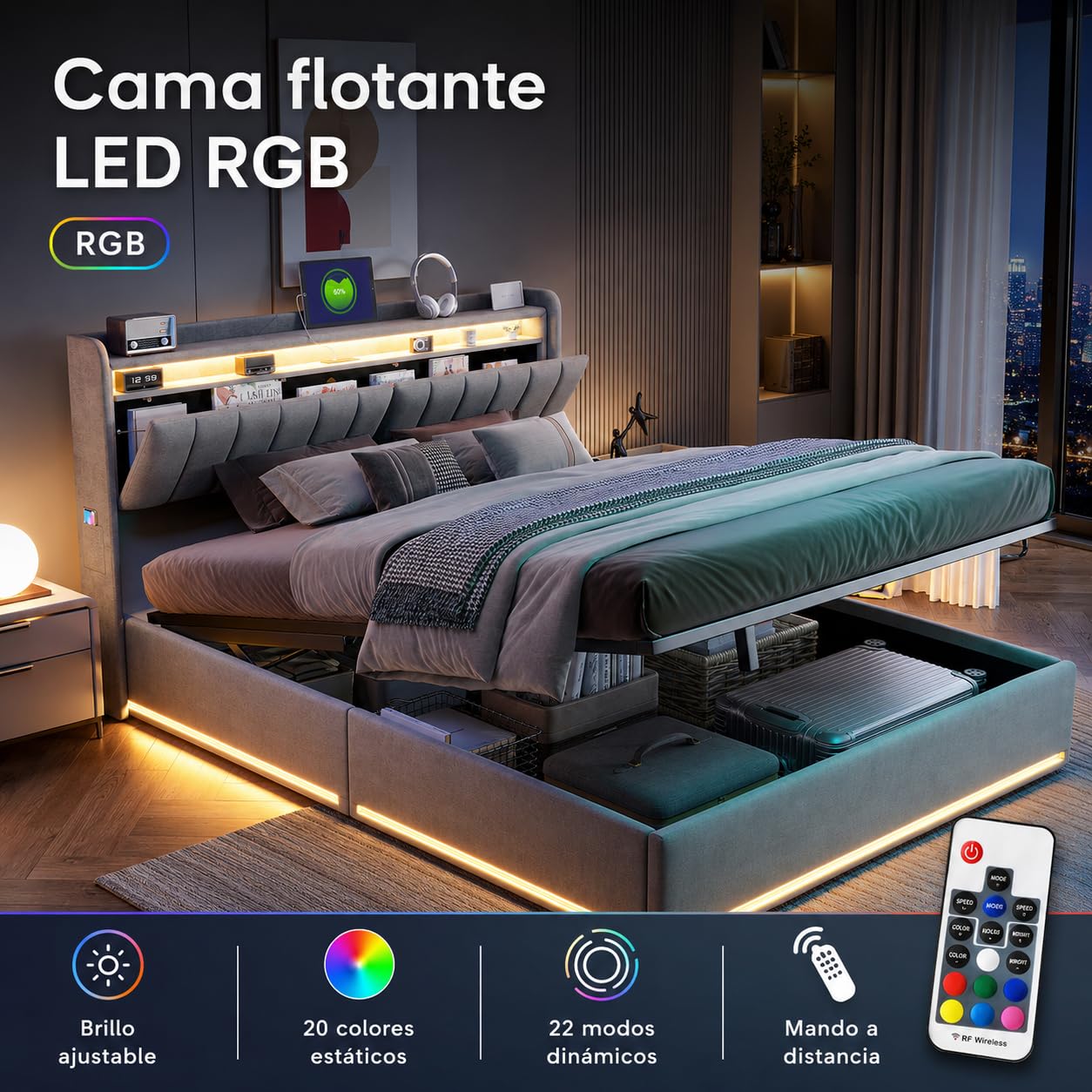 Cama Matrimonio Cama 140x200 cm con USB y Iluminación LED, Camas matrimoniales con Almacenamiento Hidráulico, Cama tapizada con Somier de Láminas (Gris-a, 140x200 cm)