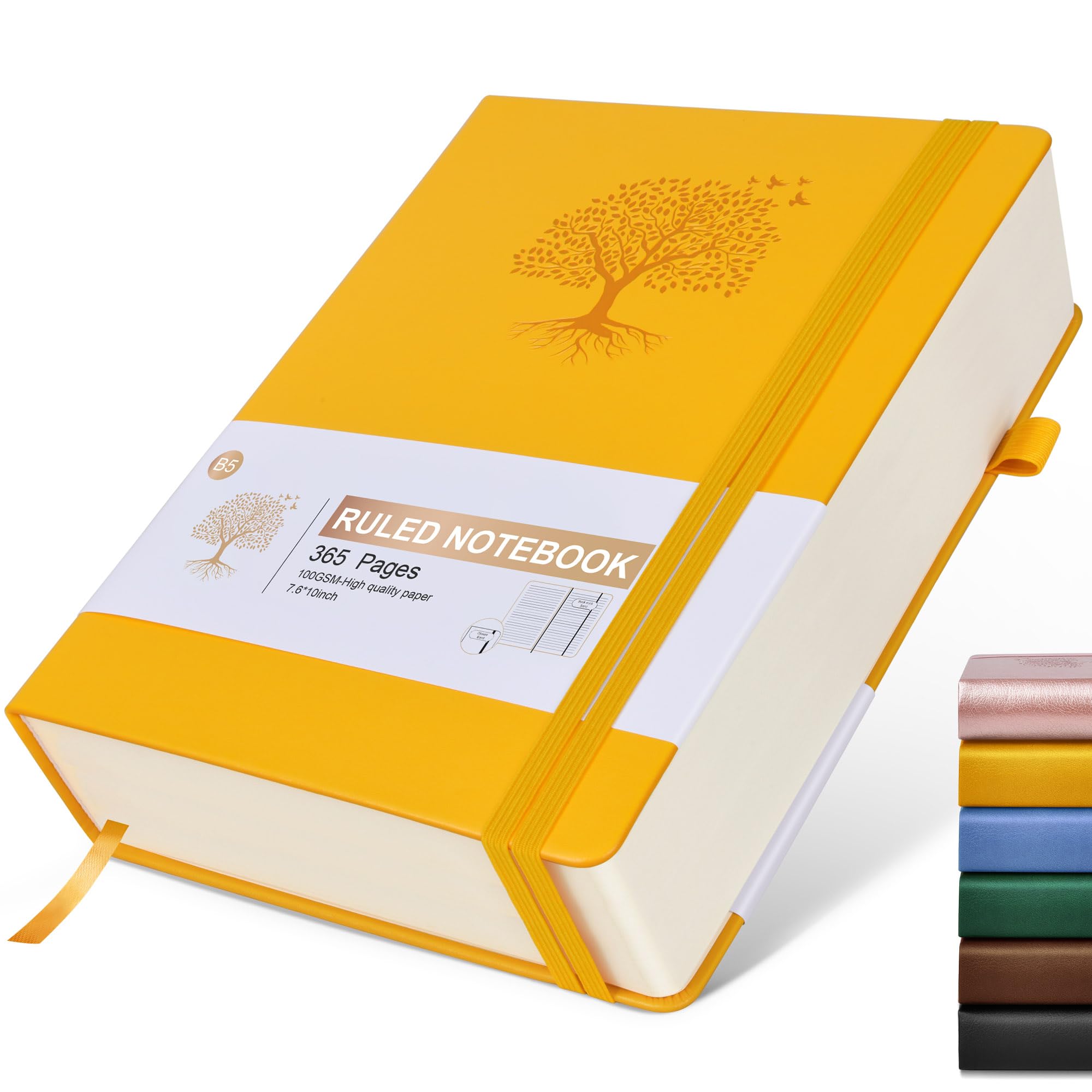 Lined Journal Notebook, 365 Pages B5 Journals for Writing College Ruled Notebook, Hardcover Leather Journal for Women Men, Daily Notebook for Work, Note Taking,100Gsm Thick Paper(7.6'' X 10'' Yellow)