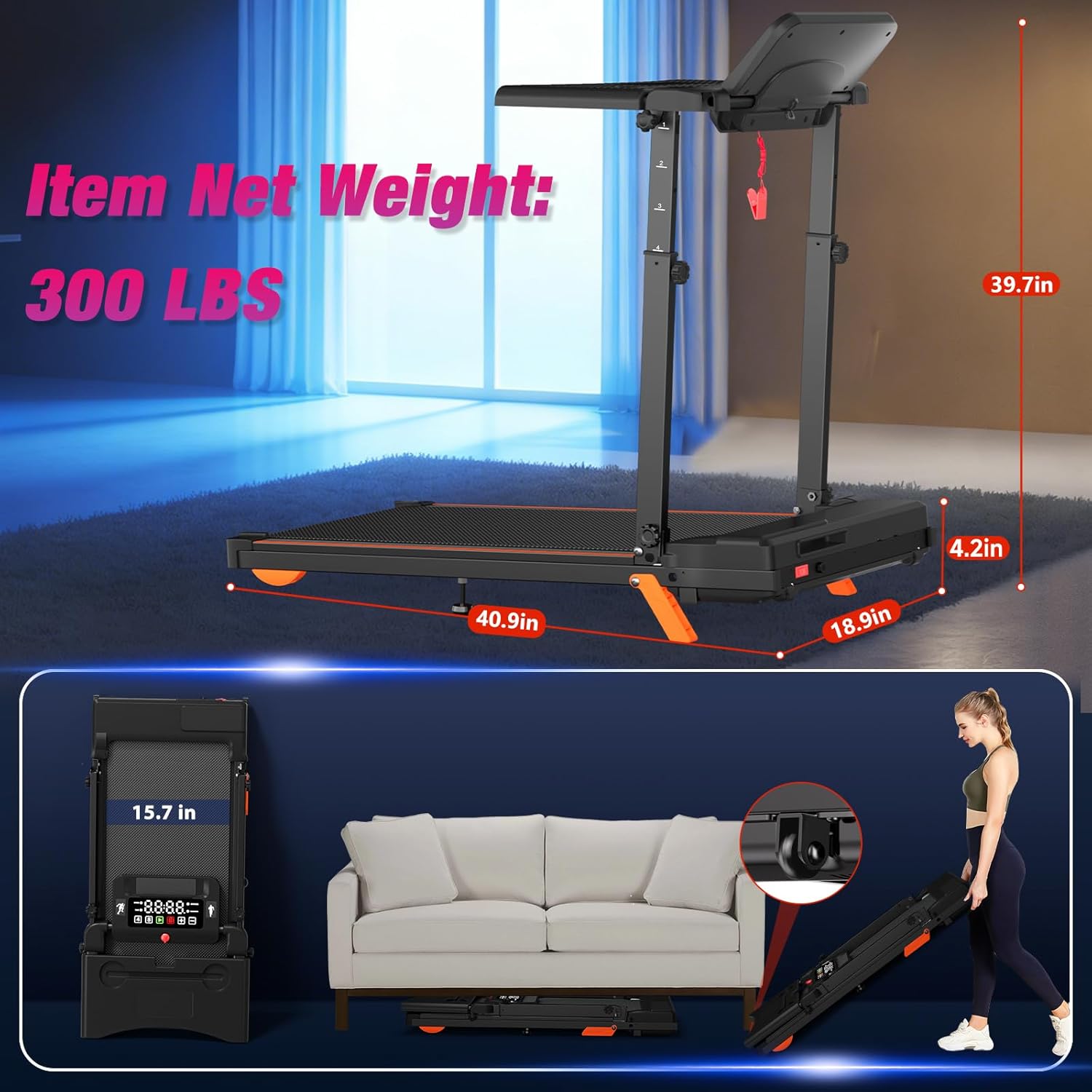 Walking Pad Treadmill with Handle Bar & Incline, Advzon Portable Under Desk Treadmill for Home, 2 in 1 Walking Running Machine with 300+ lbs Capacity and LED Display image 7