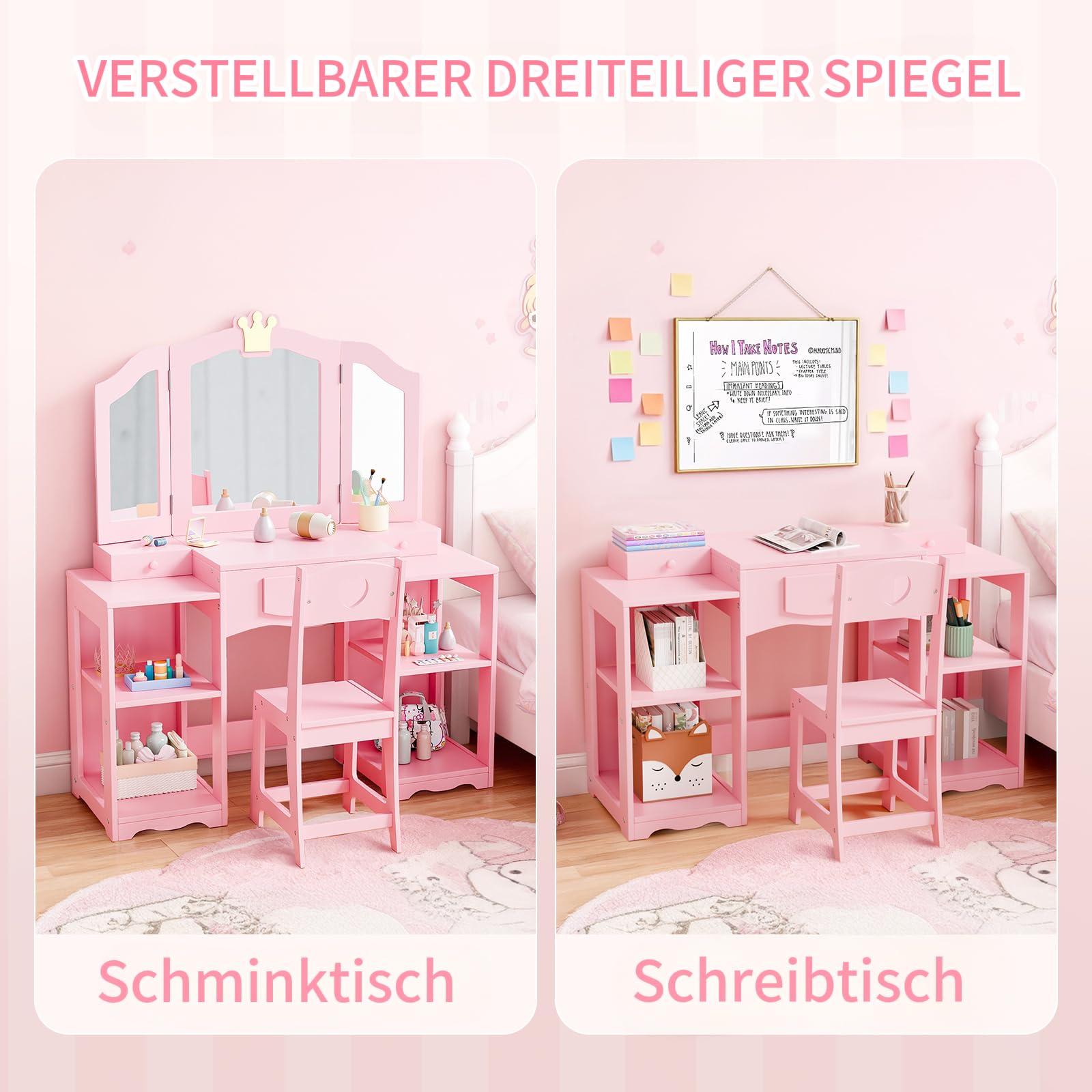 Bonnlo Schminktisch mit Hocker und Abnehmbarer Spiegel, Kindertisch mit Aufbewahrungsboxen und offenen Fächern, für Mädchen ab 3 Jahren, Rosa