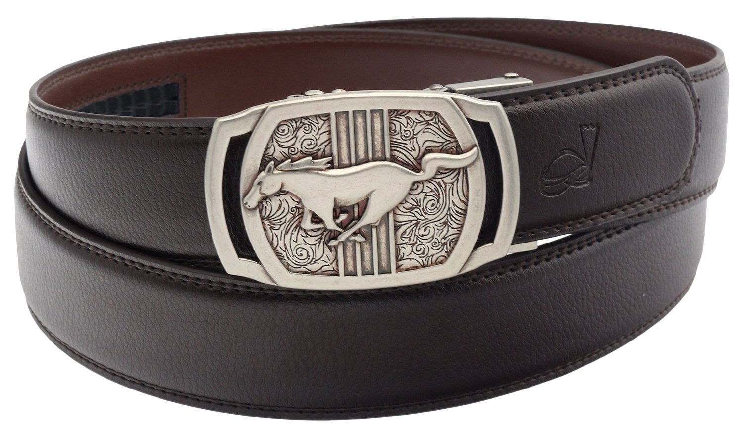 QHA Mens Leather Ratchet Belt Runing Horse Automatic Buckle 35mm Wide Q26 Silver Brown 36"-40"