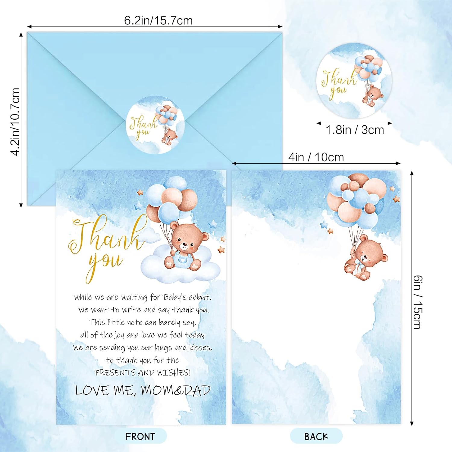 50 Pack Baby Shower Thank You Cards with Envelopes Stickers - Cute Bear Baby Shower Cards - Baby Girl/Baby Boy Shower Thank You Notes Birthday Supplies, 4 x 6 Inch (Blue) - Image 2