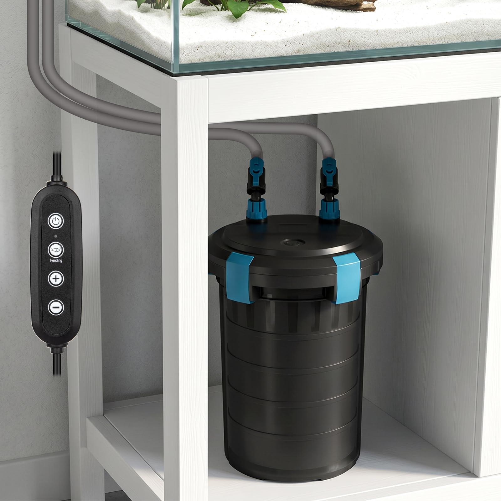 fishkeeper Filtro de recipiente de 238 GPH, filtro de acuario de filtración de 5 etapas con controlador modo de alimentación, filtros externos ultra silenciosos para agua dulce y salada de hasta 35