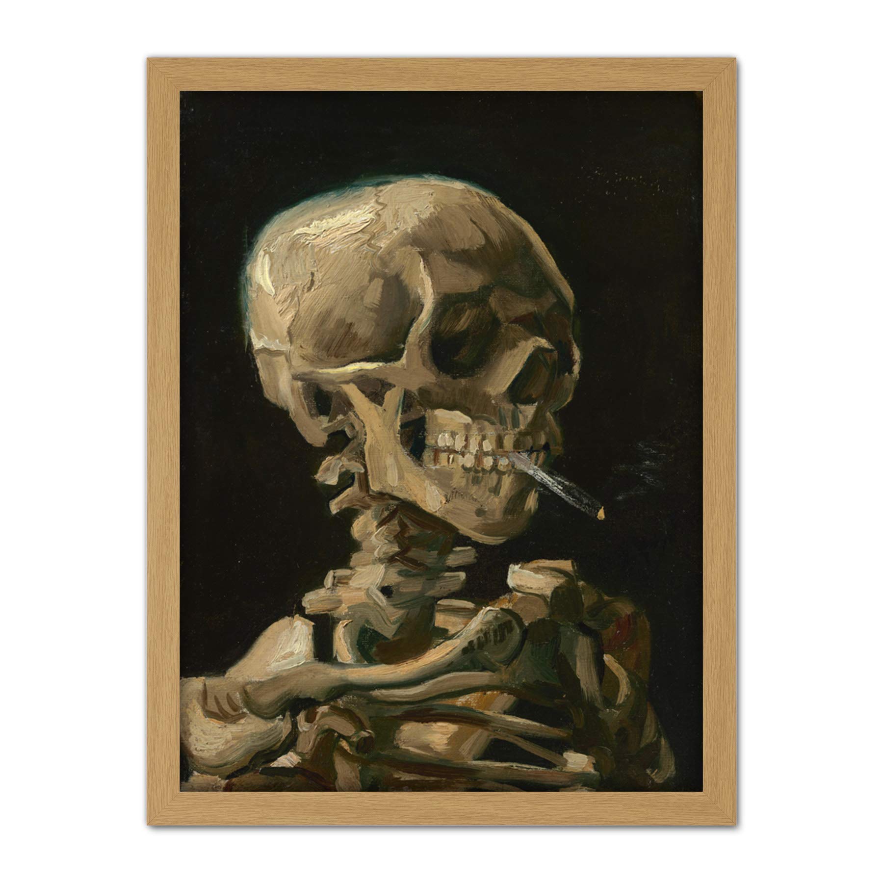 Wee Blue Coo Van Gogh Head Skeleton Burning Cigarette Artwork Framed Wall Art Print 18X24 Inch