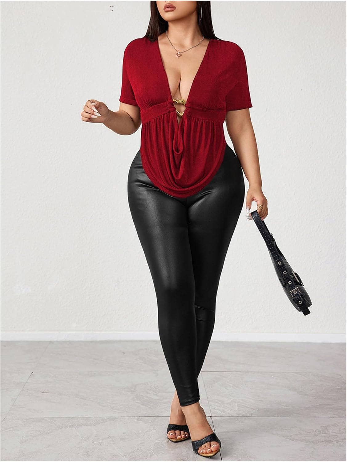 SOLY HUX Women's Plus Size Cowl Neck T Shirt Metal Decor Short Sleeve Going Out Tops - Image 5