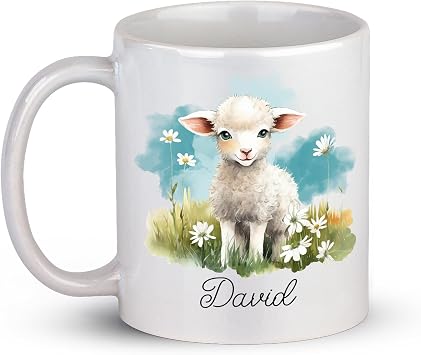 Cute Sheep Coffee Cup, Personalized Animals Coffee Mug Gifts for Girls Boys Friends & Family, Cute Sheep in The Daisy Field Mugs, Custom Name Coffee Mug 11oz 15oz, Sheep Travel Mugs Gift
