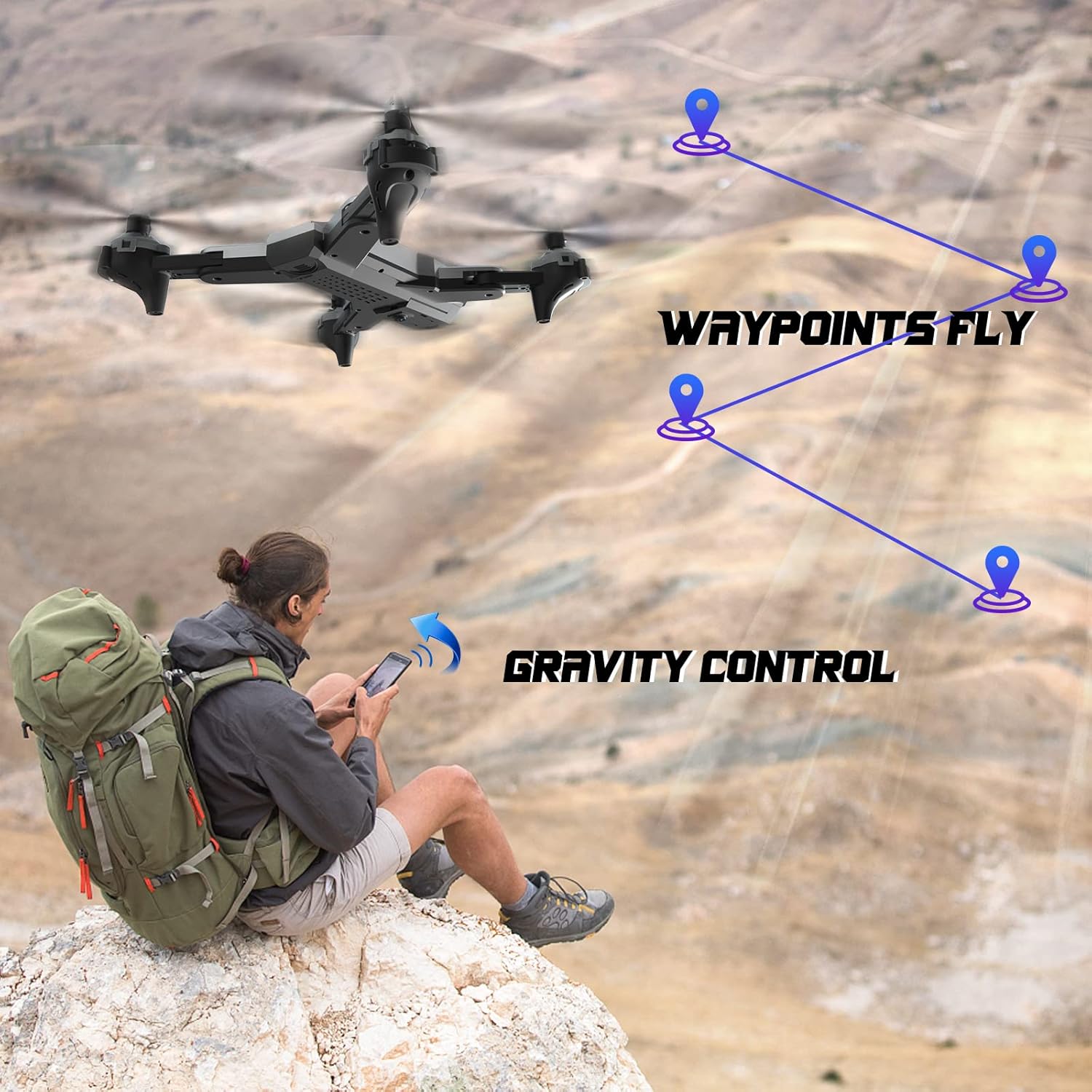 ROVPRO drone following a waypoint path and controlled by gravity sensor
