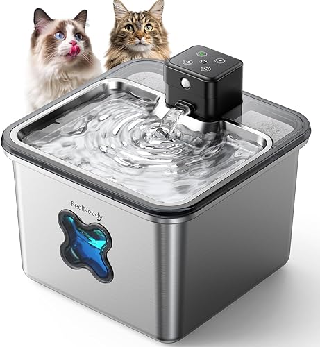 Fuente de Agua para Gatos Sin Cable: [Filtro Visual] y [Acero Inoxidable de Servicio Pesado] FEELNEEDY- Diseño Premium y Duradero. 3.2L/108oz,