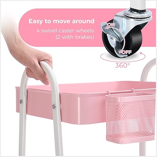 Miniatura 4 de KINGRACK Carrito con ruedas de 3 niveles, carrito de almacenamiento de metal, carrito de arte artesanal con asa y ruedas de bloqueo y 2 cestas