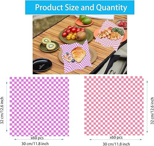 Miniatura 4 de 120 hojas de papel encerado de 12 x 12 pulgadas, cesta de comida para sándwich, papel de delicatessen, papel de cera a cuadros para envolver pan y