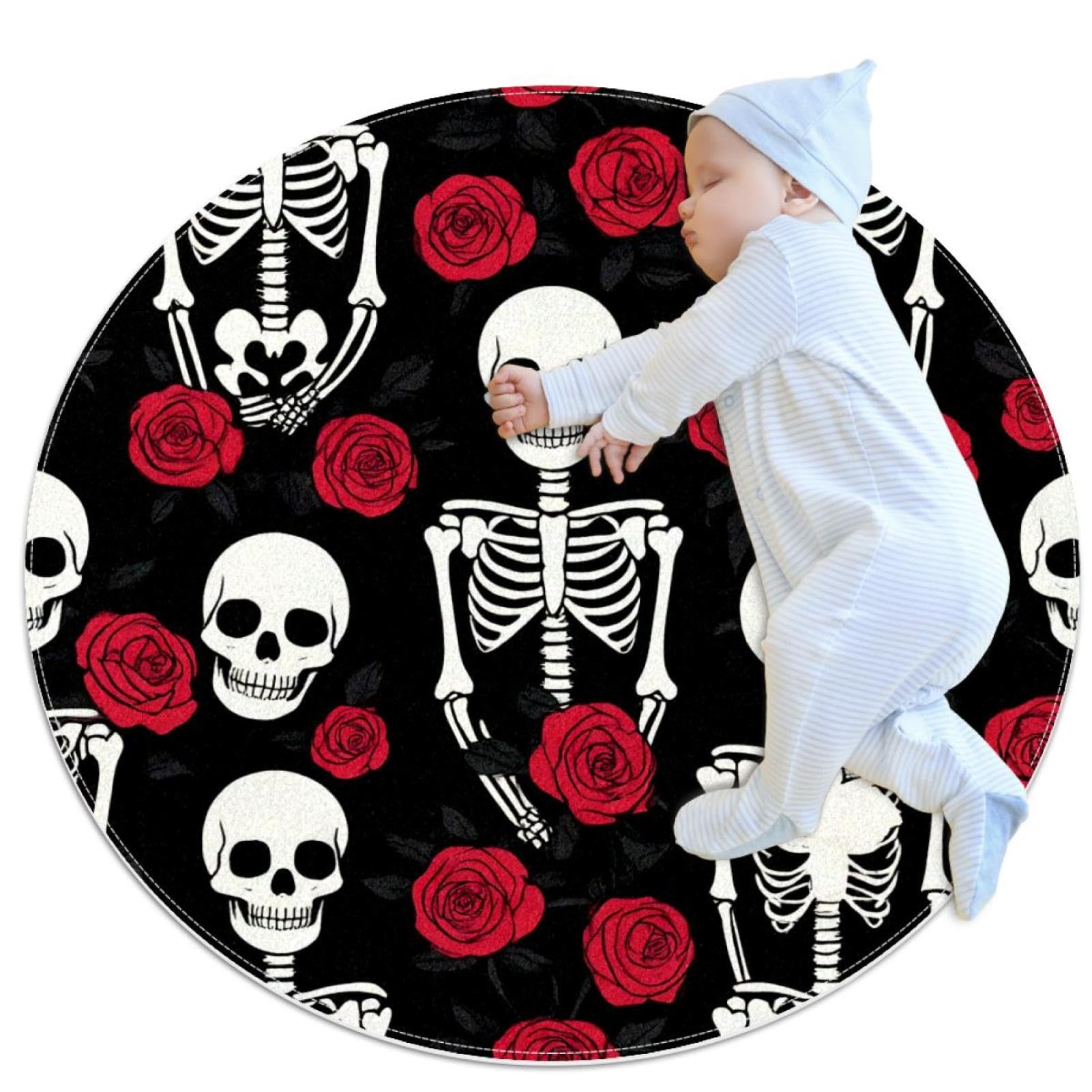 Tapis de salle de bain rond 1m motif tête de mort et roses rouges