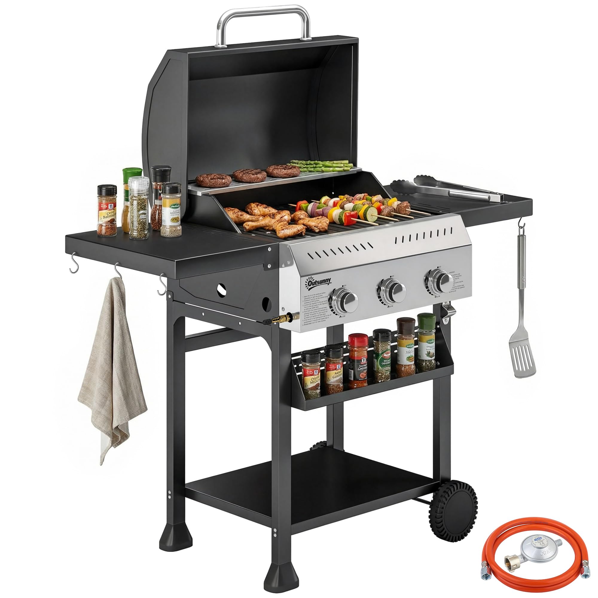 Outsunny Gasgrill 9 KW 3 Brenner BBQ Grillwagen Edelstahl inkl klappbar Seitentisch Gewürzhalter Unterregal 6 Haken Thermometer Emaille-Grillrost Warmhalterost Rolle Gas-Grill für Balkon Party