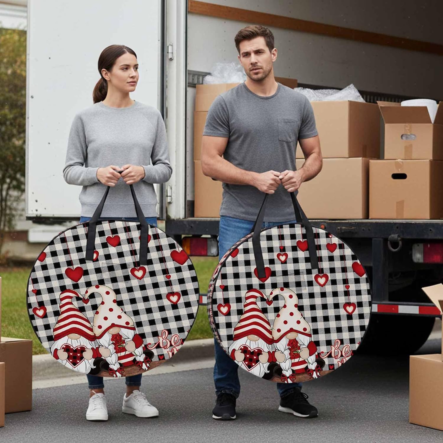 Valentine's Day Round Storage Bag 36 Inch, Be Mine Love Gnome Red Heart Rose Floral Black White Plaid Clothes Storage Container with Handles Heavy Duty Organizer for Comforter, Bedding&Holiday Wreaths