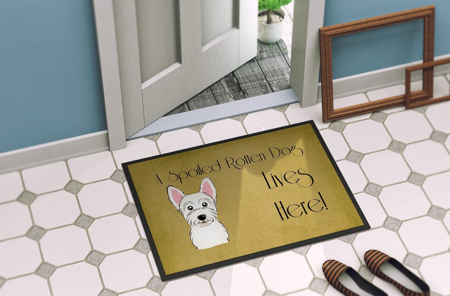 Caroline's Treasures BB1474JMAT Westie Spoiled Dog Lives Here Doormat 24x36 Front Door Mat Indoor Outdoor Rugs for Entryway, Non Slip Washable Low Pile, 24H X 36W