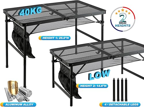 Miniatura 5 de Mesa de camping plegable de metal con capa de malla, mesa de parrilla ligeramesa para exteriores, 2 alturas ajustables, mesa de metal portátil para