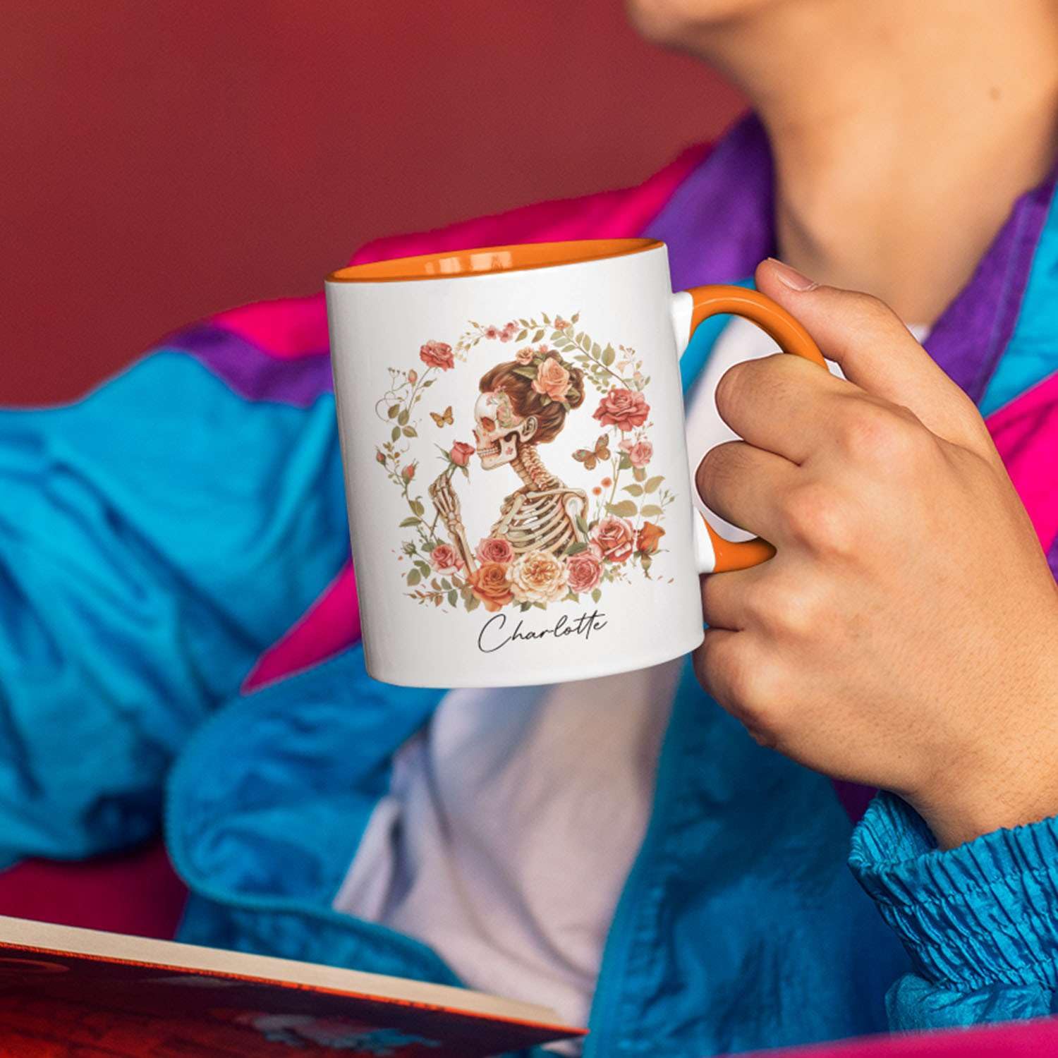 Personalized Skeleton Mug - Custom Name On "Girl With Coffee" Design, 11oz Ceramic Halloween Or Gift Mug