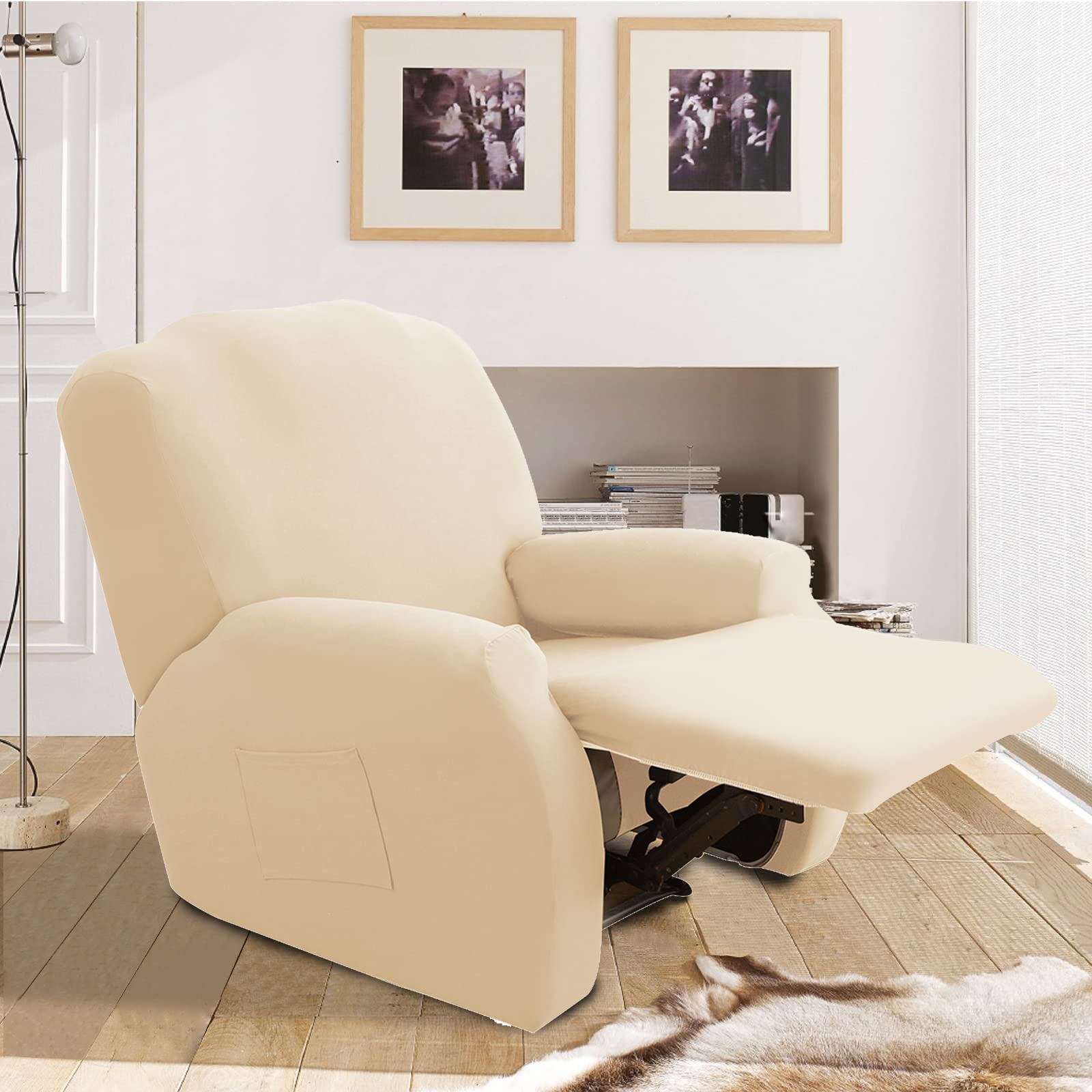 FIGOOO Copripoltrona Relax Reclinabile Copripoltrona 1 Posto Elasticizzato Relax Universale con Tasche 4-Pezzi Fodere per Poltrona Relax Lavabile Rimovibile Coprisedile Chivas,Beige