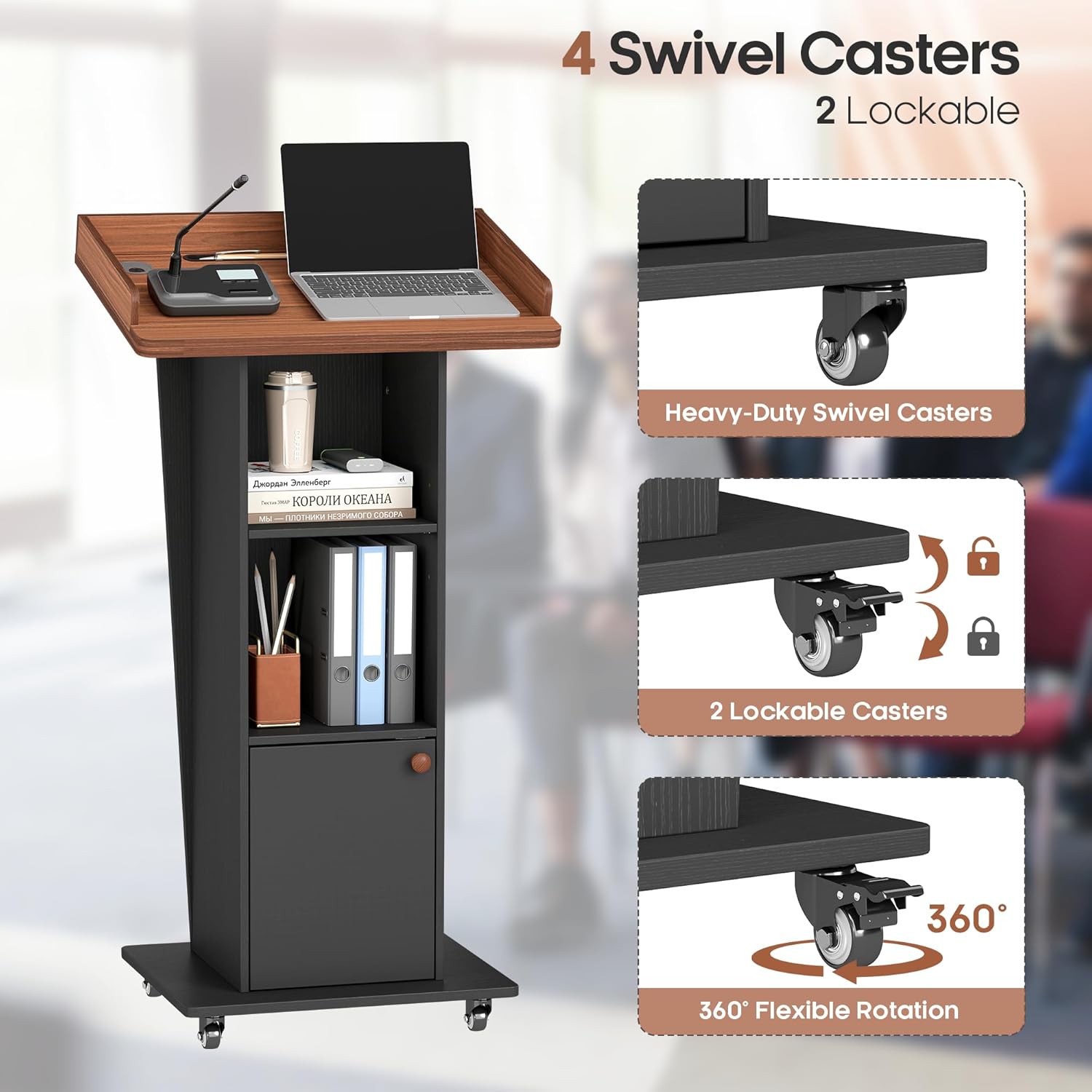 Baoz 15° Tilted Podium Stand with Storage & Lockable Wheels, Wooden Lectern with Adjustable Shelf, Mobile Portable Pulpit for Classroom, Church, Office (Black Brown)