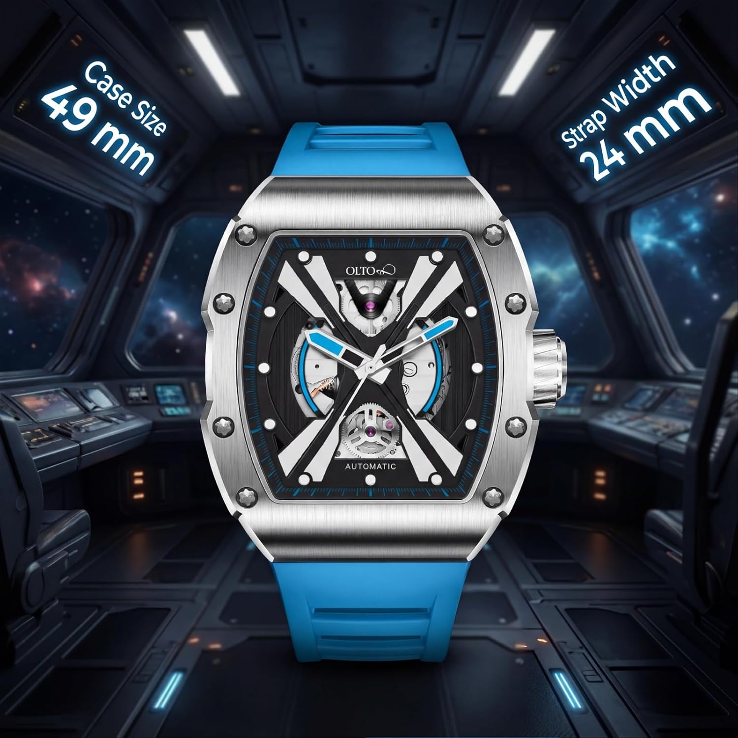 Men's Automatic Mechanical Watch, Design Reef Tonneau Luxury Skeleton Watches for Men