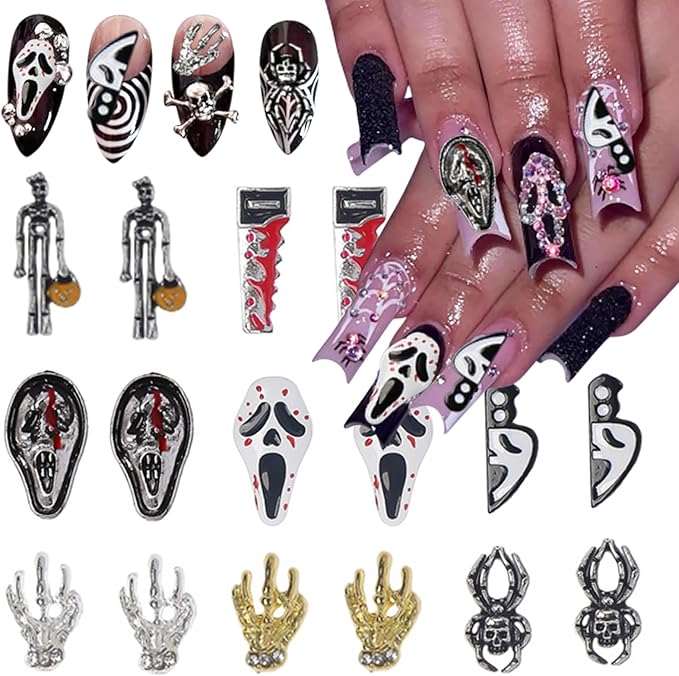 16Pcs Halloween Nail Charms and Gems Goth Spider Ghost Nail Art Charms 3D Alloy Skull Skeleton Hand Nail Rhinestones Horror Halloween Nails Accessories Punk Nail Jewelry for Acrylic Nail DIY Supplies