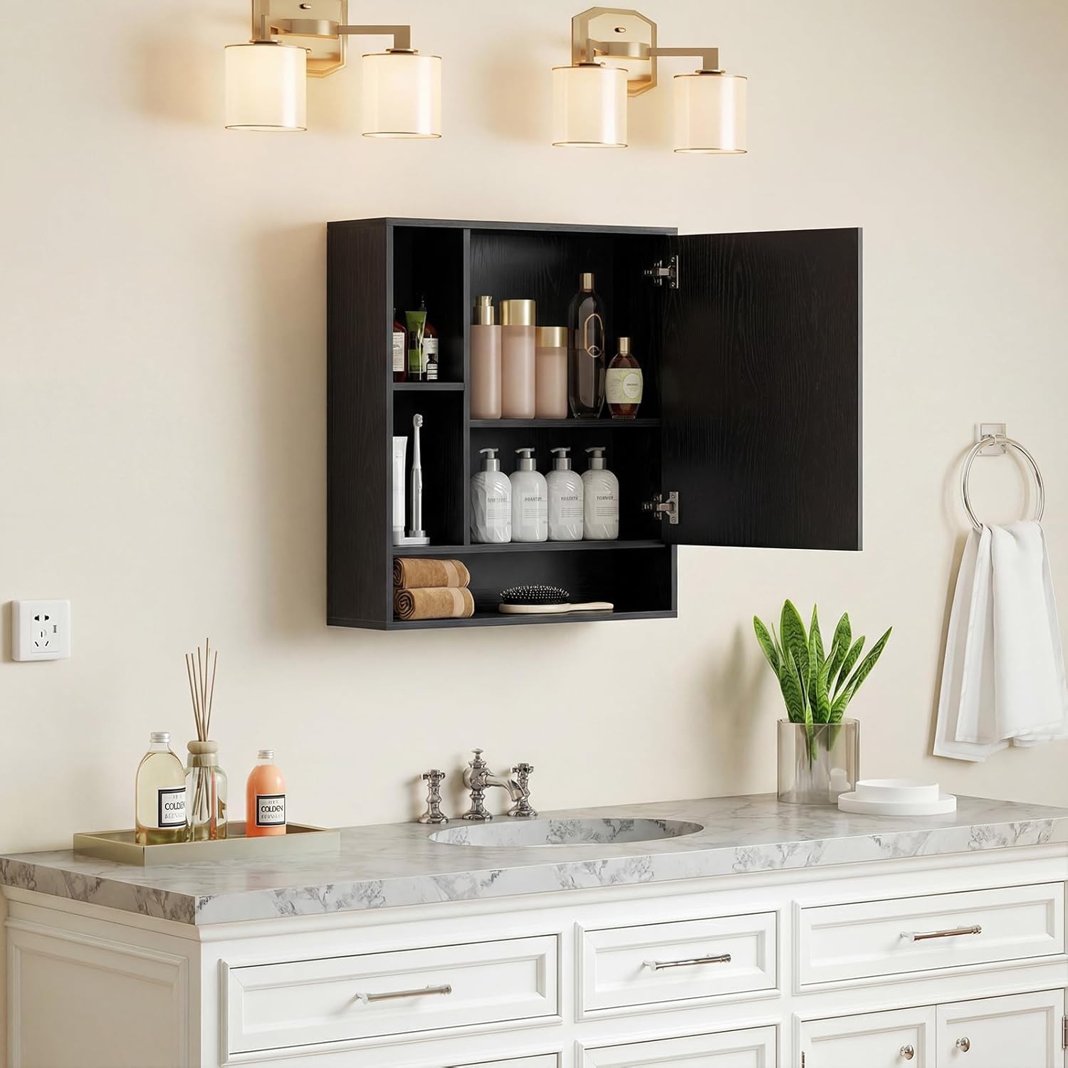Tangkula Bathroom Cabinet with Mirror, Wall Cabinet with Mirrored Door, 3 Open Cubes, Adjustable Shelf, Wooden Grain Finish, Space-Saving Modern Storage Organizer for Living Room, Entryway (Black)