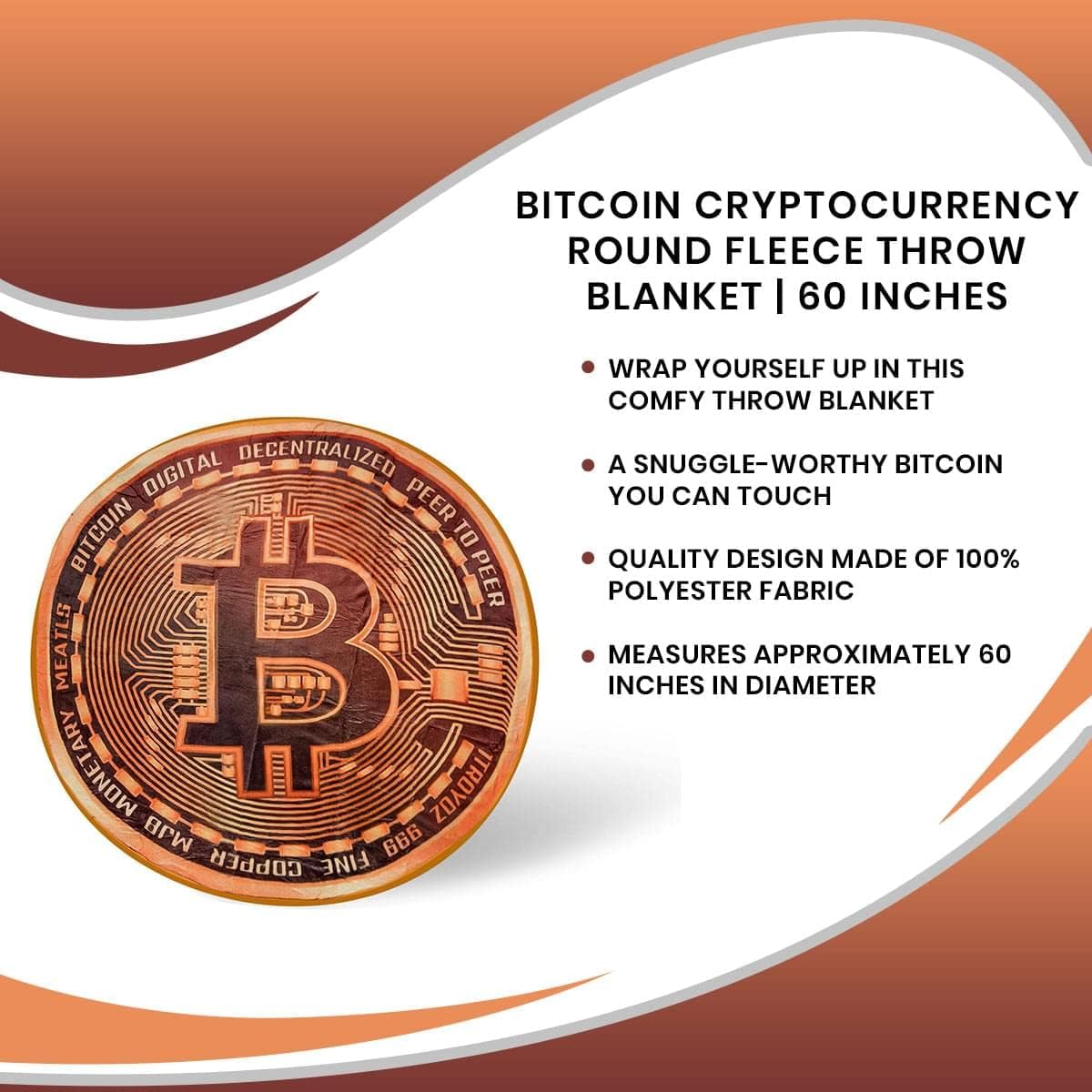 Bitcoin Cryptocurrency Round Fleece Throw Blanket | Plush Soft Polyester Cover for Sofa and Bed, Cozy Home Decor Room Essentials | Funny Money Prop Gifts for Teens, Kids | 60 Inches
