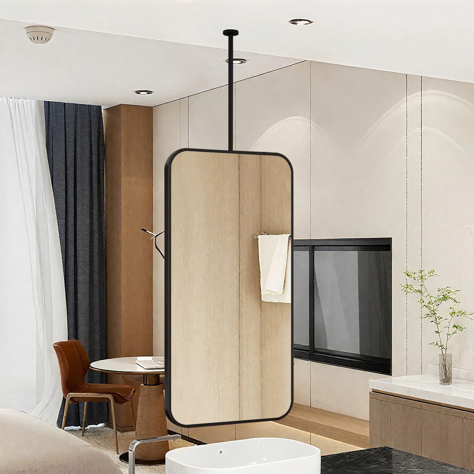 FGXHHS Modern Ceiling Mounted Mirror Hanging Rod with Black Metal Frame Rectangle for Home Hotel Decorative Suspended Bathroom Vanity Makeup Mirrors - Boom can be Customizable(50cmx70cm)