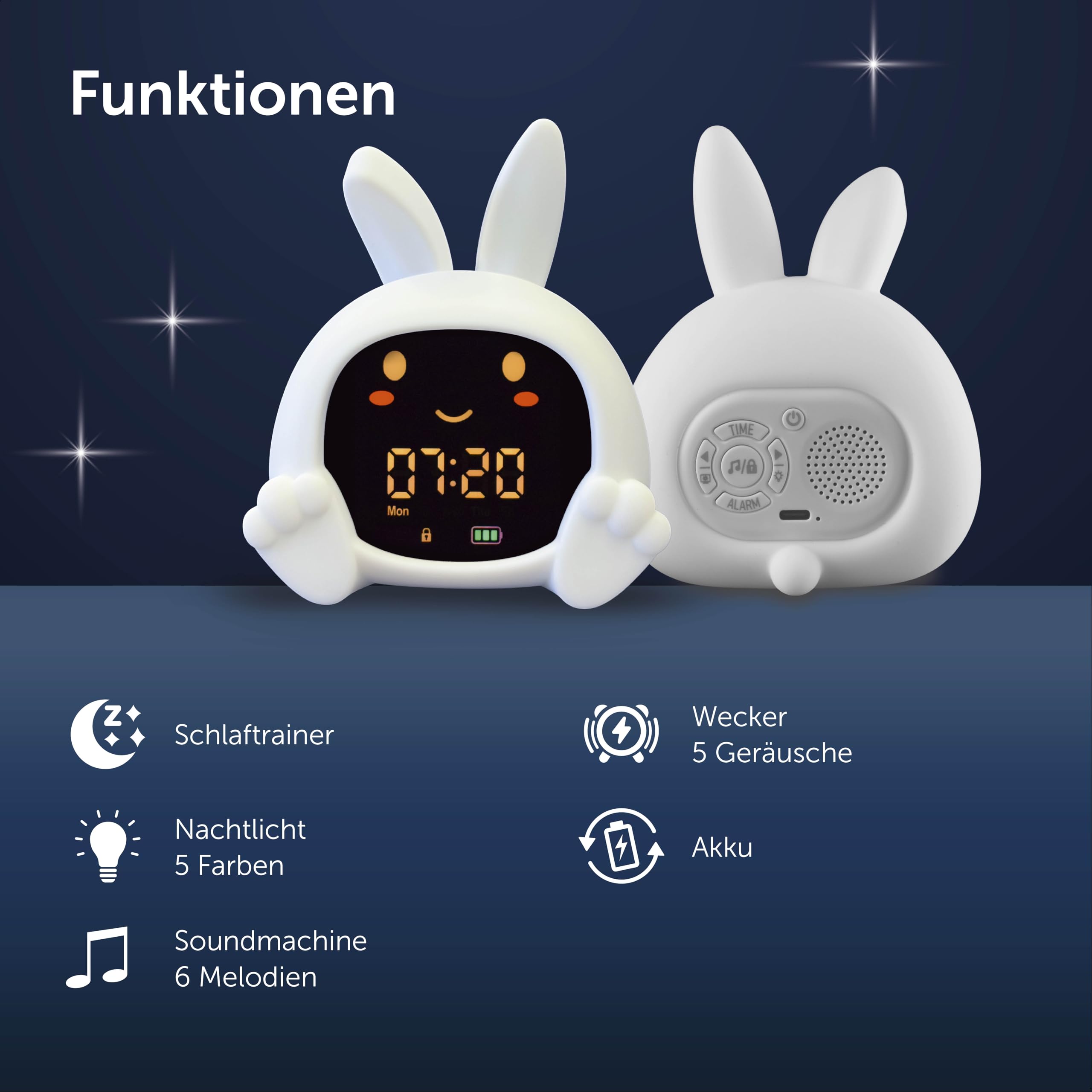 ZAZU Sarah Sleeptrainer für Kinder – Nachtlicht (5 Farben), Soundmaschine, Wecker mit 6 Sounds, Augen öffnen/schließen, wiederaufladbar inkl. USB