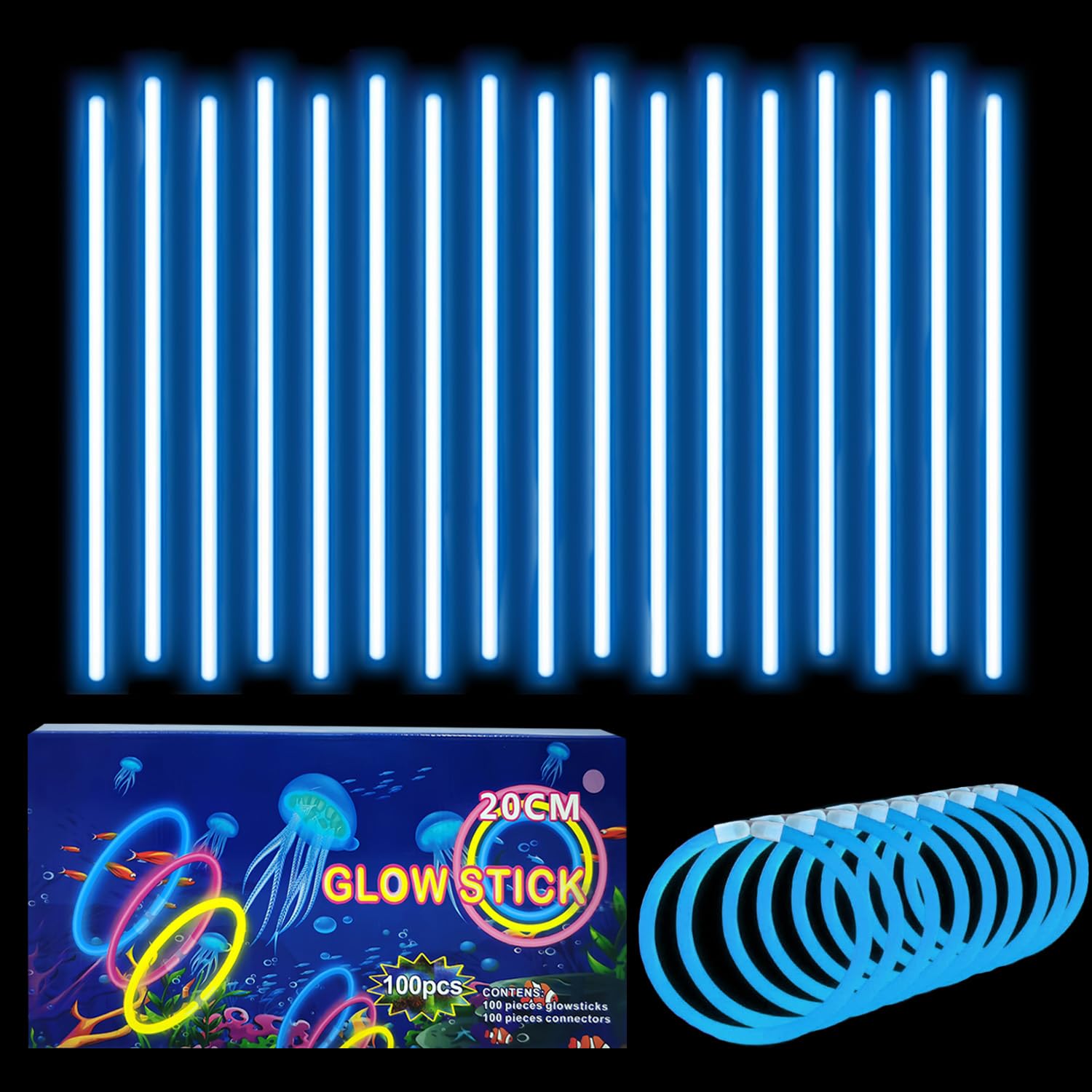 100Pcs Glow Sticks Bulk Party Packs 20cm Glowsticks,Glow in the Dark Supplies,Long Lasting Glow Stick Necklaces Bracelets Neon Accessories for Kids Adults Christmas Easter Party Bag FillersBlue