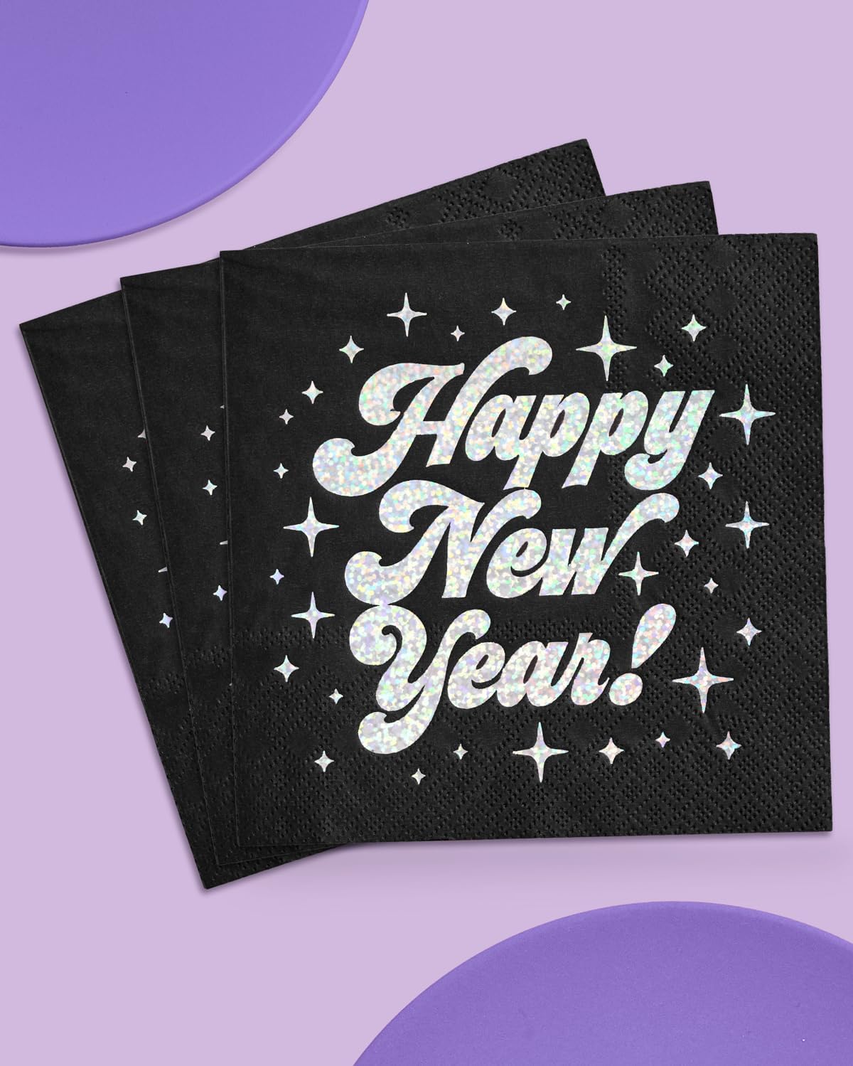 xo, Fetti Black Happy New Year Paper Napkins - Iridescent Foil | 3-ply, 50 pcs | NYE Party Decorations, 2025 Cocktail Napkins, Disposable Party Supplies, Disco Dinner Tablescape Decor