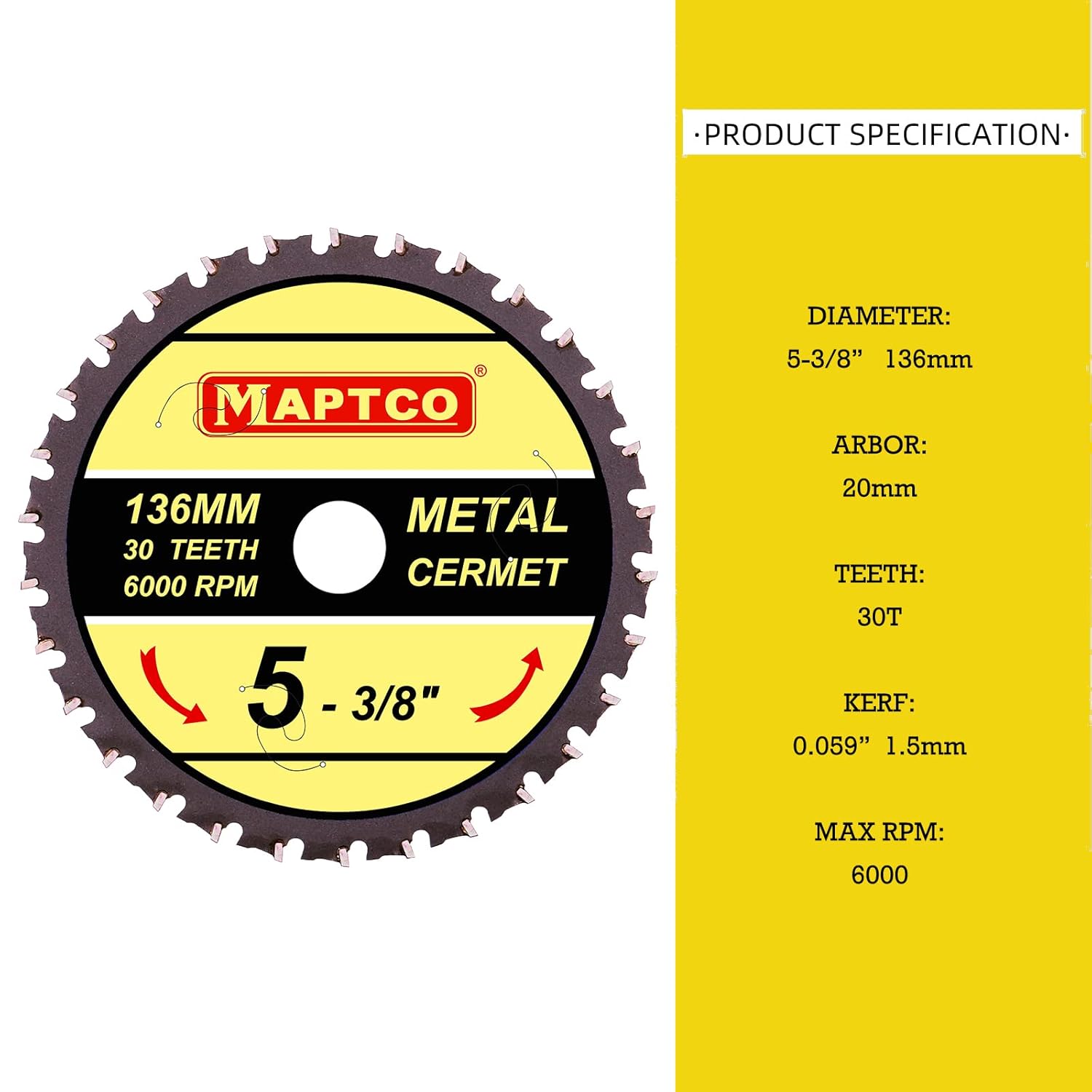 5-3/8"(136mm) 30T Cermet Tipped Metal Cutting Circular Saw Blade, Arbor 20mm with 5/6"-10mm Washer, for Cordless Circular Saw.