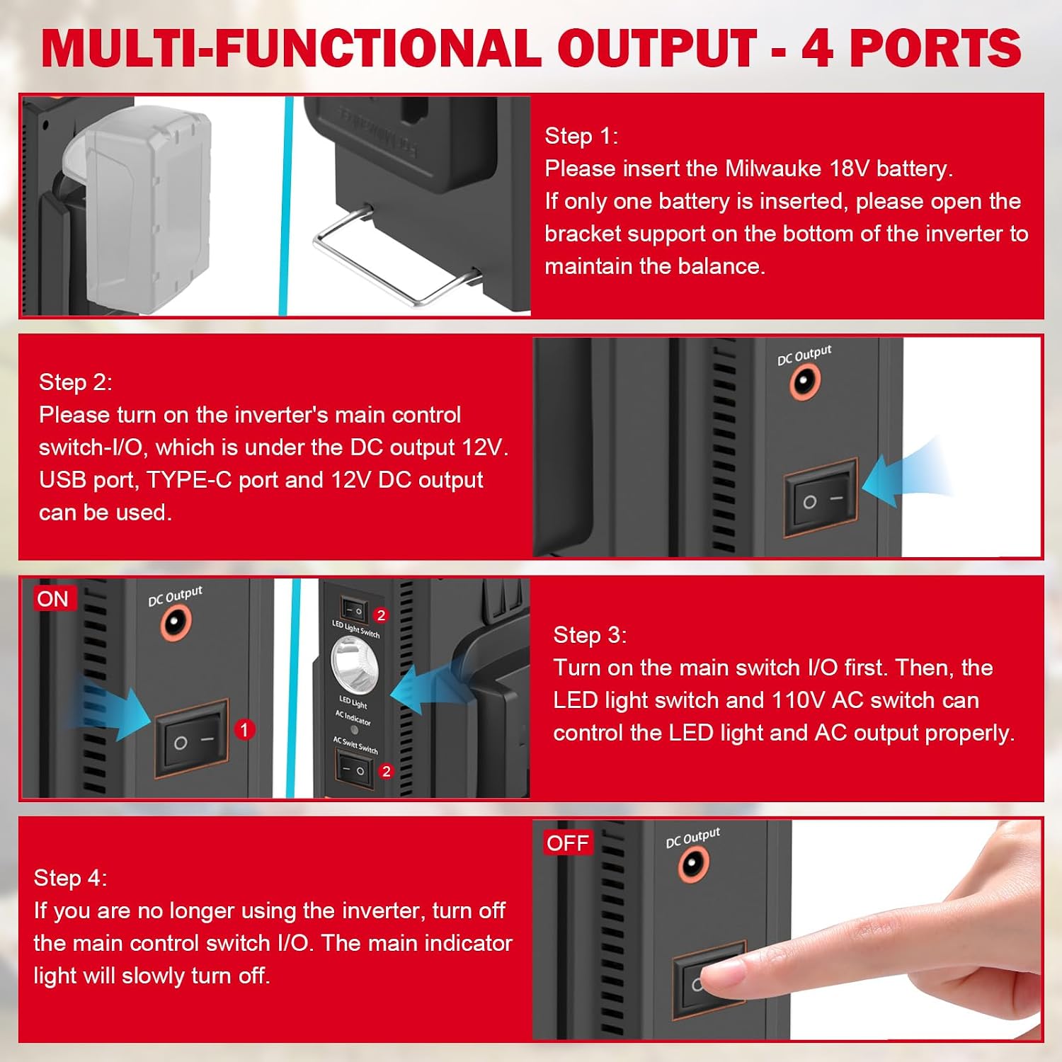 180W Power Inverter for Milwaukee M18 Battery, 2-Ports DC 18V to AC 120V Pure Sine Wave Inverter with 800LM LED Light, USB-A &USB-C Port, 12V/6A DC-Output Portable Station for Camping Emergency