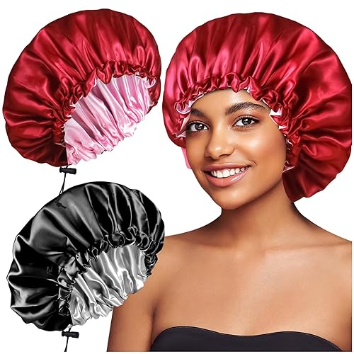 2 gorros reversibles de satén grande para dormir, con cordón ajustable y sedoso, para mujeres, trenzas y cabello rizado, C - Negro, vino tinto
