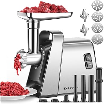 AAOBOSI Meat Grinder Electric, [3000W Max] Meat Grinder Heavy Duty with 2 Stainless Steel Blades & 4 Grinding Plates, Sausage Maker & Kibbe Kit for Home Kitchen Using