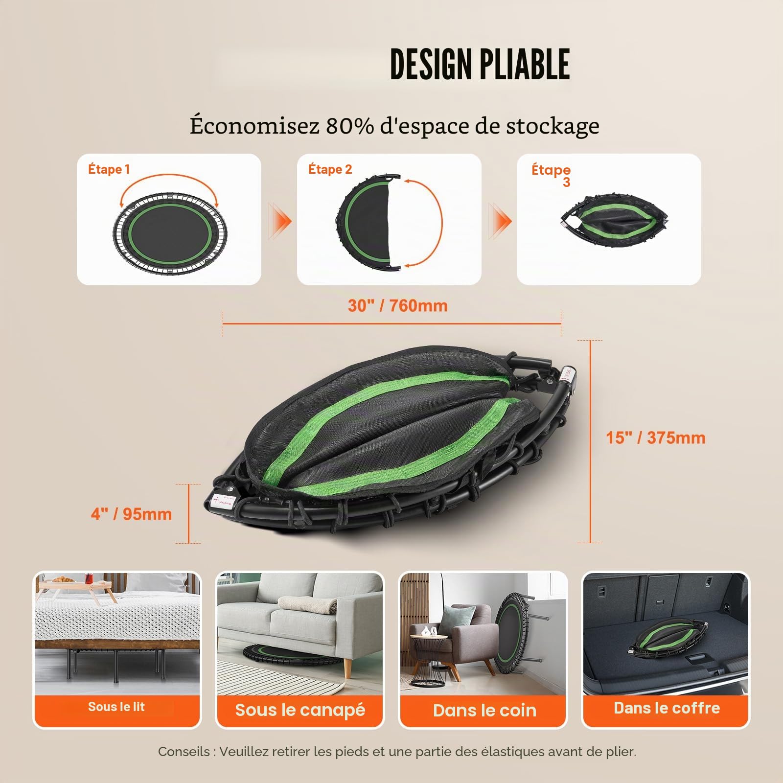 VEVOR Mini Trampoline Pliable, 1027 mm, Fitness rebounder, Charge maximale 150 kg, Petit Trampoline d'entraînement d'intérieur Stable et Silencieux, pour Exercice, entraînement, Fitness pour Adultes