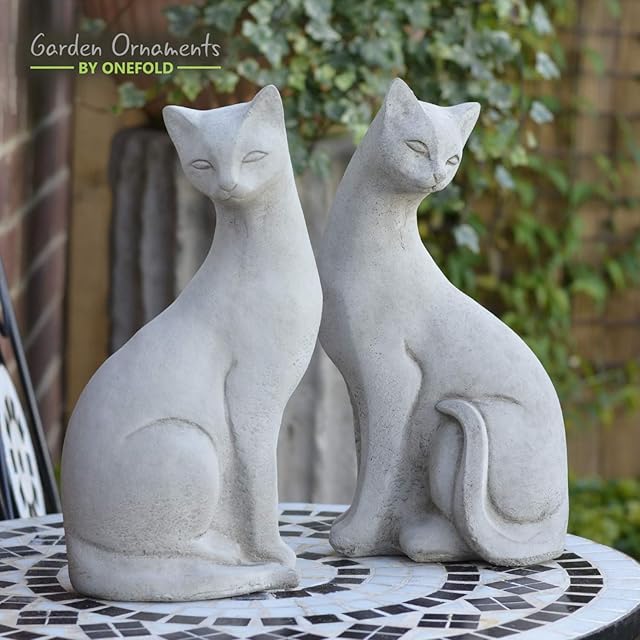 ONEFOLD - SIAMESE CATS PAIR CAT STONE GARDEN ORNAMENT/STATUE/SCULPTURE/HOME DECOR/MEMORIAL