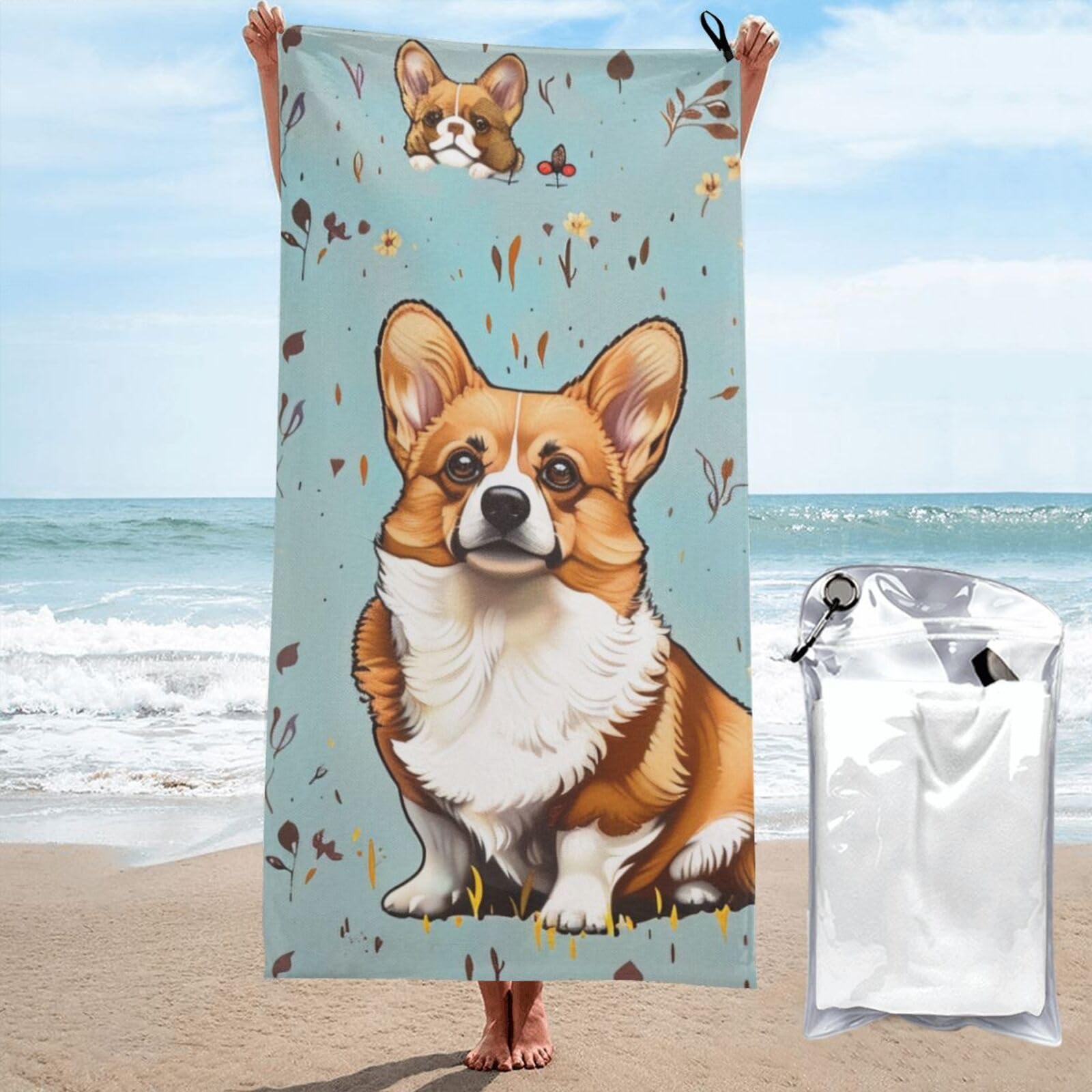 kkvhhyuo Microfiber Beach Towel, Corgi Printed Lightweight Quick Dry Travel Bath Sheet with Compact Carry Bag for Swimming Yoga Camping Gym,31.5"x63"