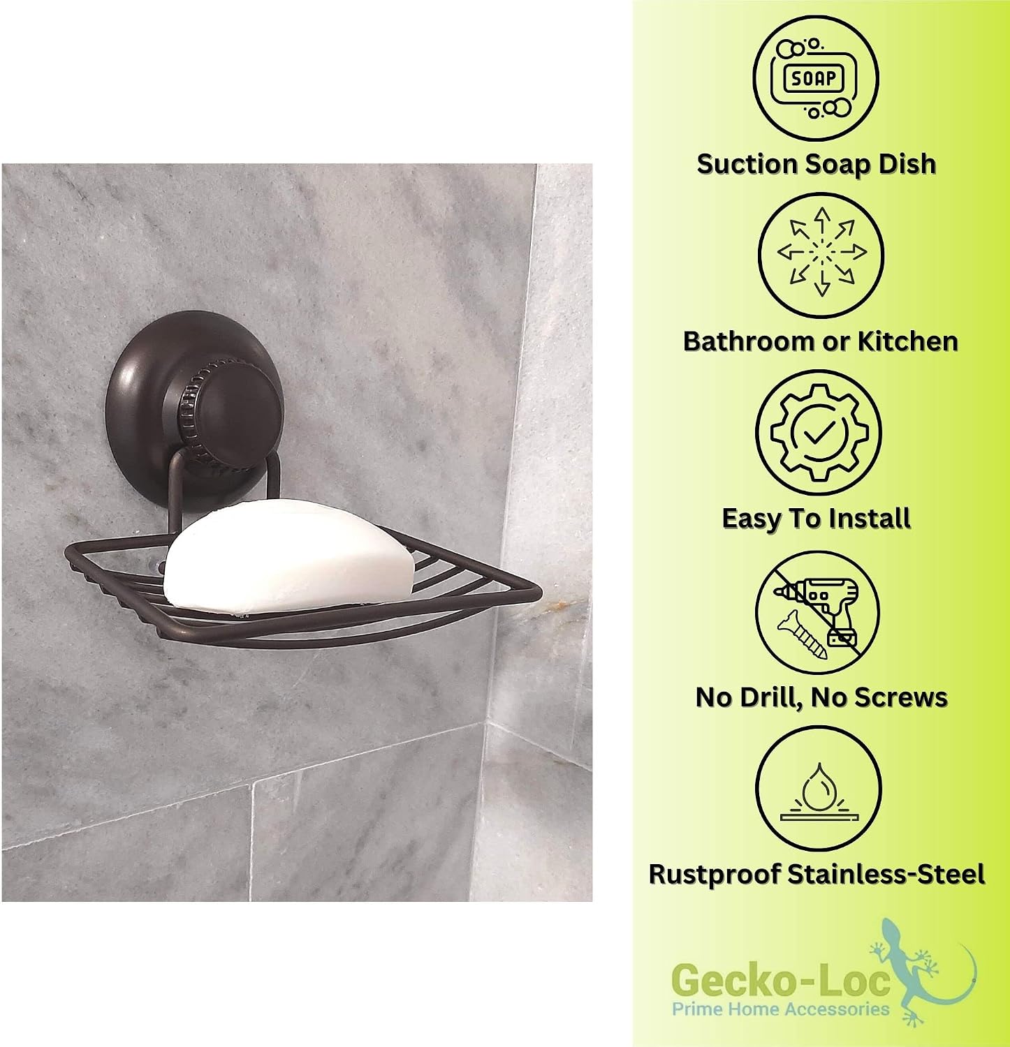 Gecko-Loc Soap Dish Holder with Suction Cup Mounting for Bathroom or Kitchen Tub, Sink or Shower - Bronze