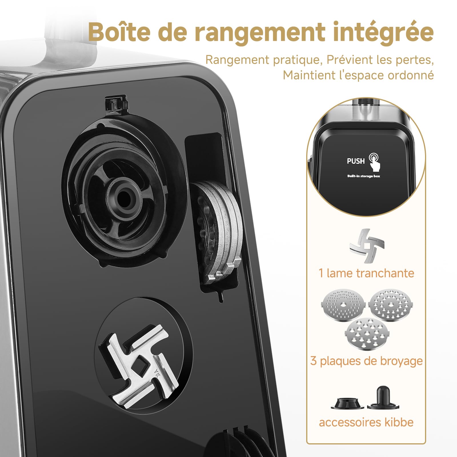 Hachoir a viande AOBOSI 3-en-1 Hachoir à viande électrique avec 3 plaques de coupe en inox, 1 Kubbe et 1 tubes de remplissage pour saucisses, moteur [3000w Max], Hachoir avec 2 lames.
