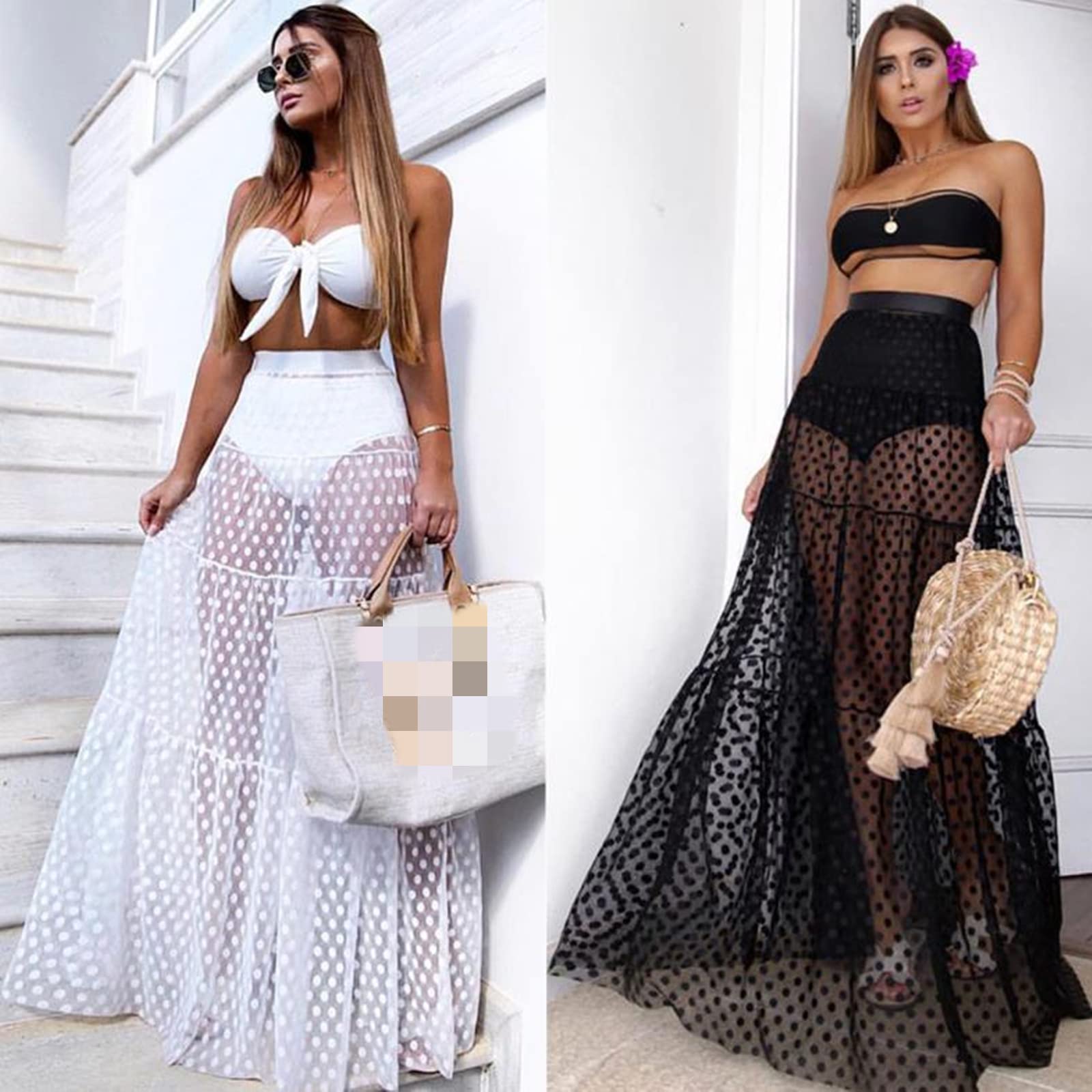 Falda larga para mujer, falda larga de malla, cintura alta, lunares, suelta, verano, playa, vacaciones, fresca y transparente, maxi falda