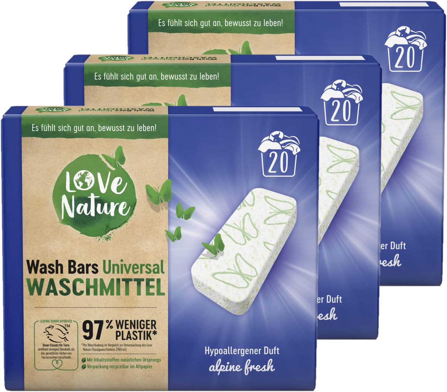 Love Nature Wash Bars Gratis Testen Love Nature Wash Bars Universal Waschmittel, 60 (3 x 20) Waschladungen