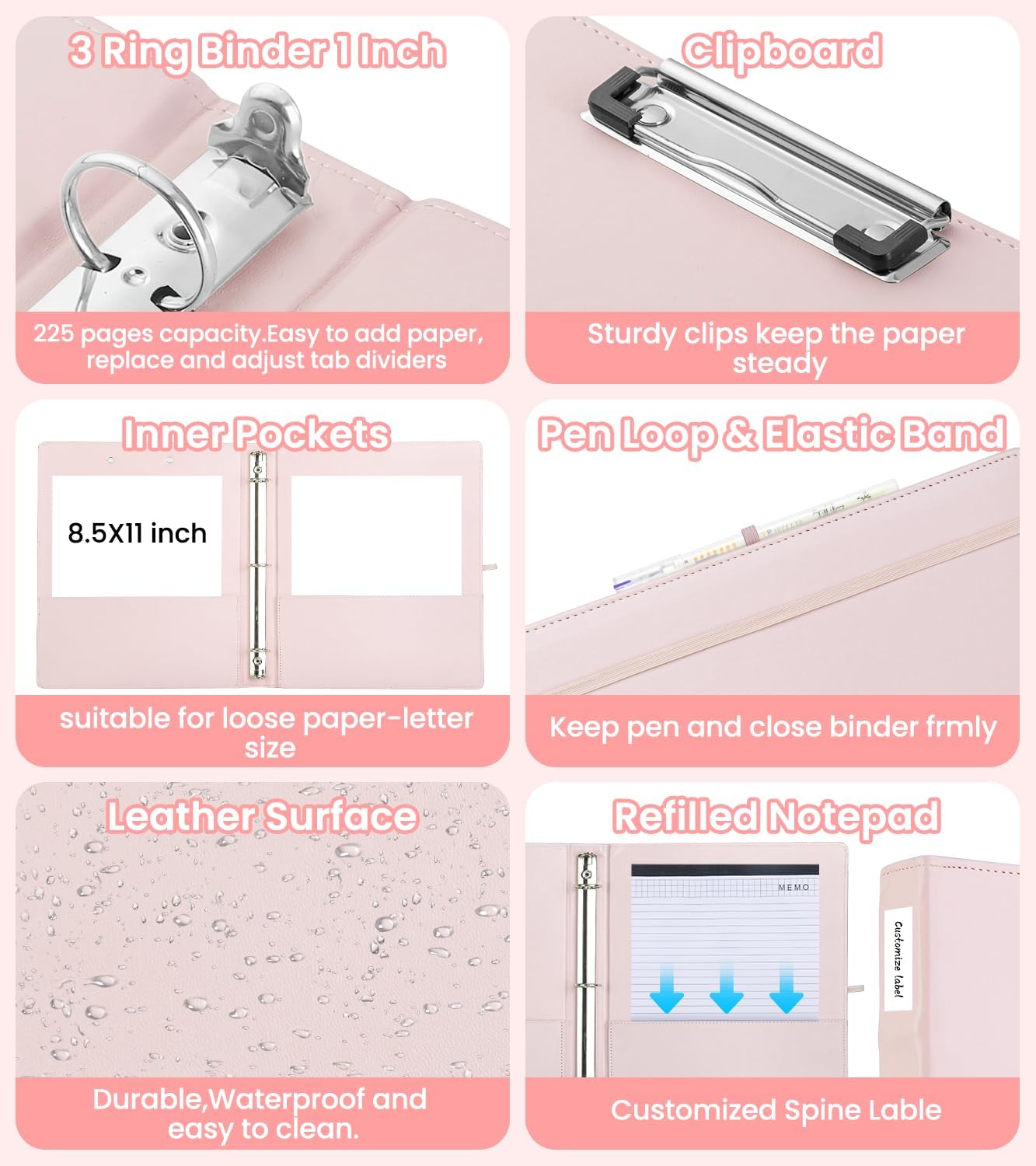 3 Ring Binder with Clipboard,1 Inch Binders with Notepad&5 Dividers with Pockets, Labels,PU Clipboards for School Office(Pink,Letter Size) - Image 5