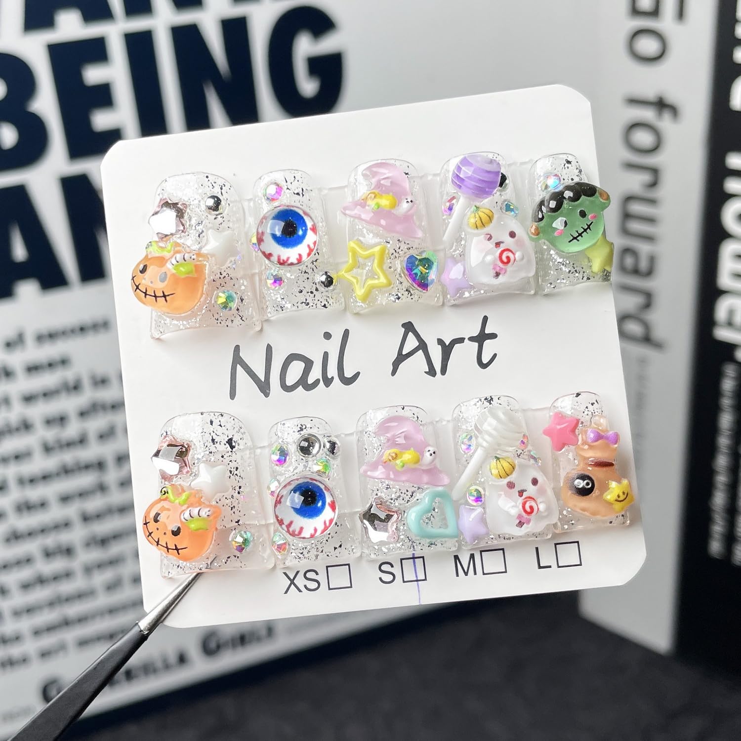 Cute Halloween Press on Nails Short Duck Stick on Nail 3D Unique Reusable Luxury Handmade Fake Nails with Little Ghost & Pumpkin Designs Glossy White Glue on Nail Thick Acrylic Nails for Women（Size M)