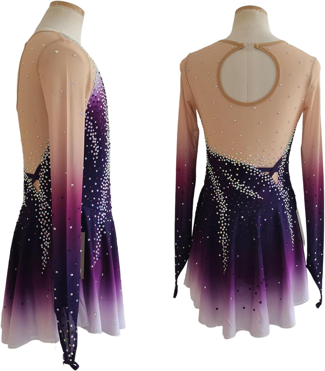 LIUHUO Ice Figure Skating Dress Girls 'Womens Long Sleeve Purple Competition Elegant Handmade Crystal