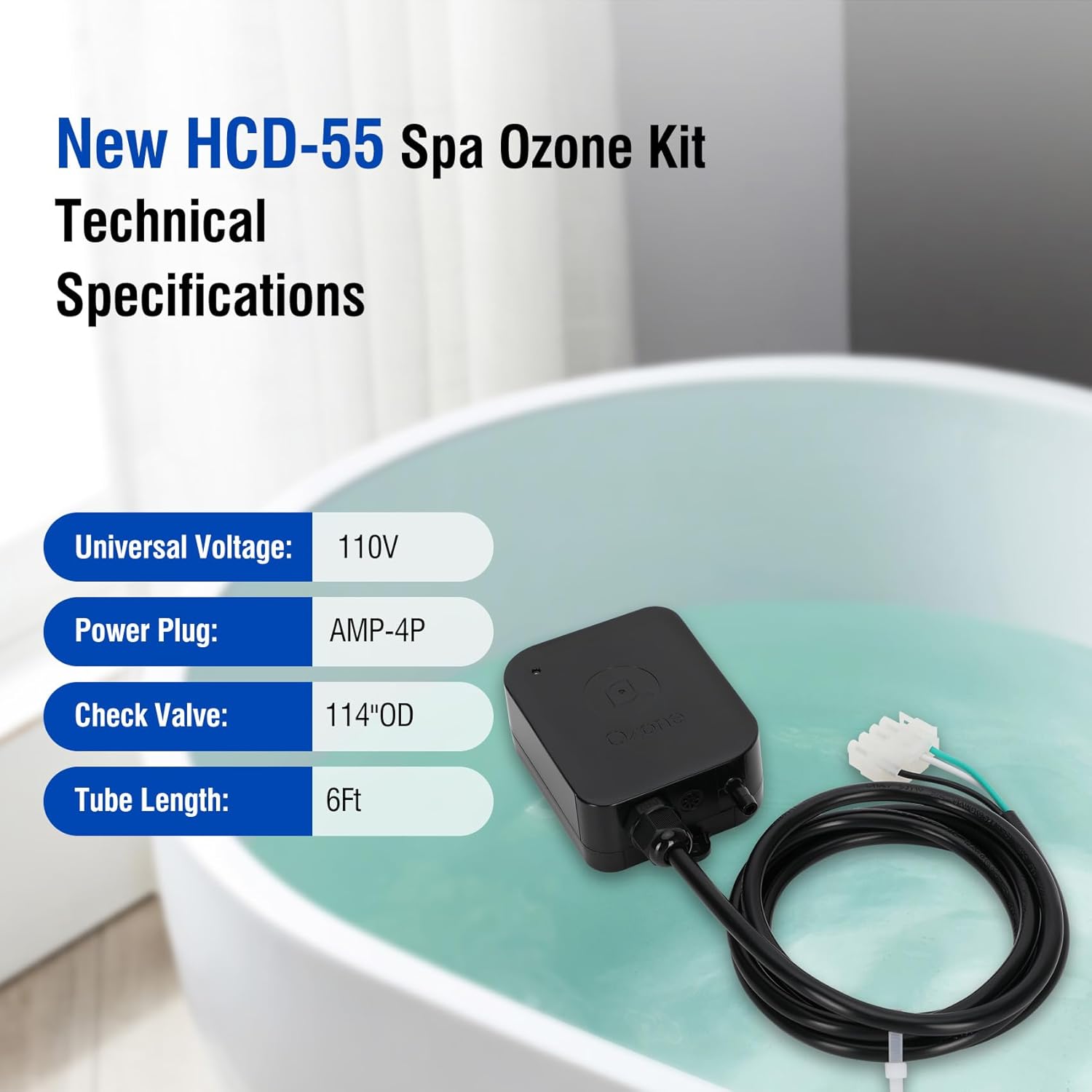 Upgrade HCD-55 Spa Ozonator Kit Suitable for All Hot Tubs & Swim Spas, Spa Ozone Generator Up to 1500 Gallons, Integrated Structure Design Reduces the Volume By 50%, Universal: 110V, AMP-4 Plug