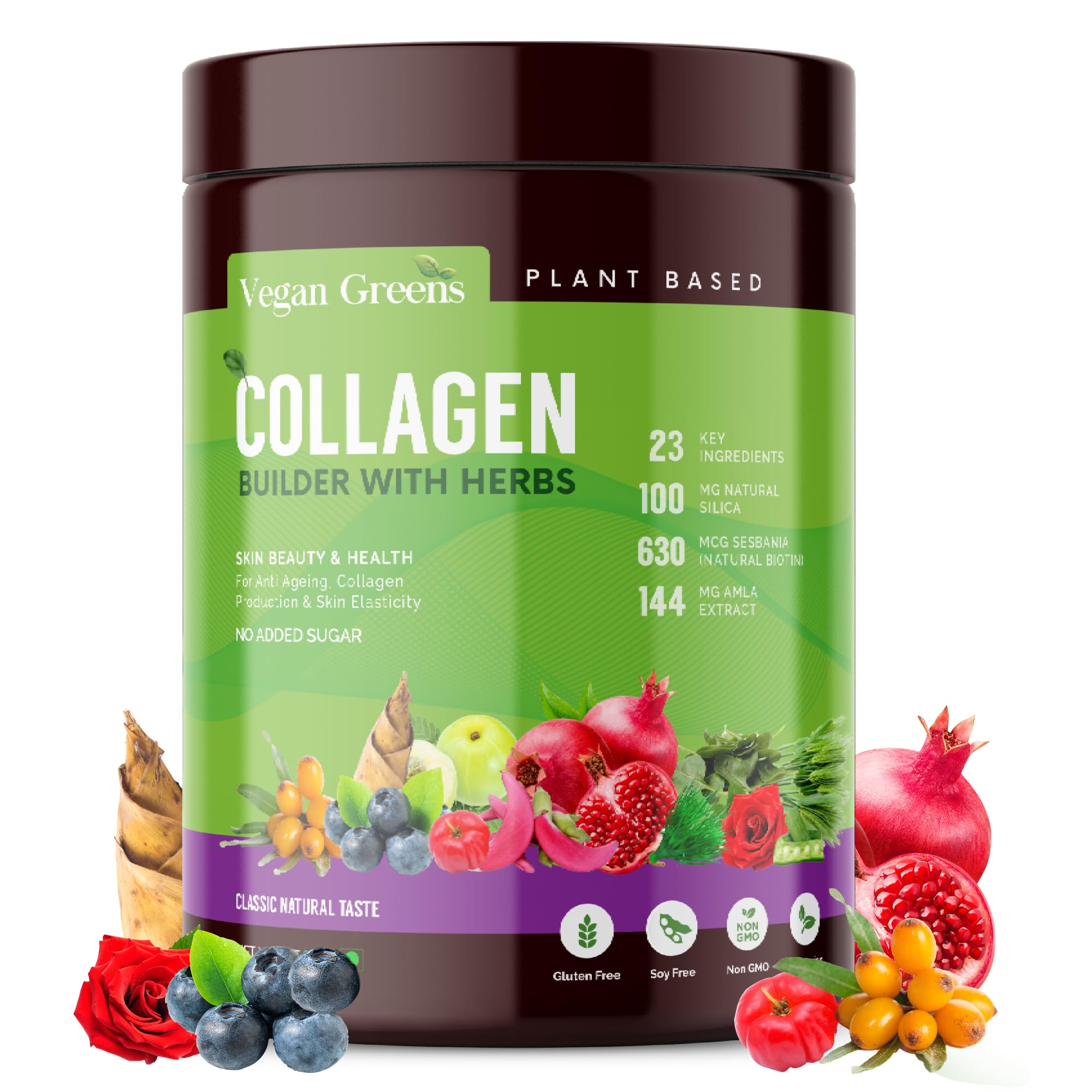 vegan greens natural collagen builder with herbs. (vitamin c, silica, biotin & antioxidants from 22 plants, fruits & herbs) for anti ageing, skin glow & skin elasticity. (250g, classic natural taste)