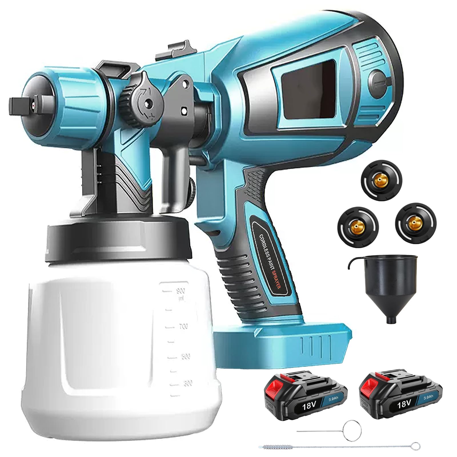 Akku Farbspritzpistole für Makita 18V Akku, 1000ml Farbsprühgerät, mit 3.0AH Akku und Ladegerät,3 Düsen und 3 Spritzmuster,von Wänden Gartenzaun Sprühgerät