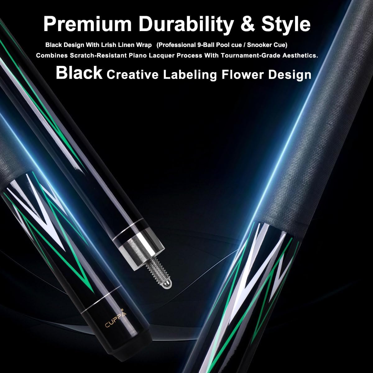 CUPPA 58-inch Professional Pool Cue Stick 13mm Tip Lrish Linen Grip 1/2Split Canadian Maple Billiard Cue with case for Beginner