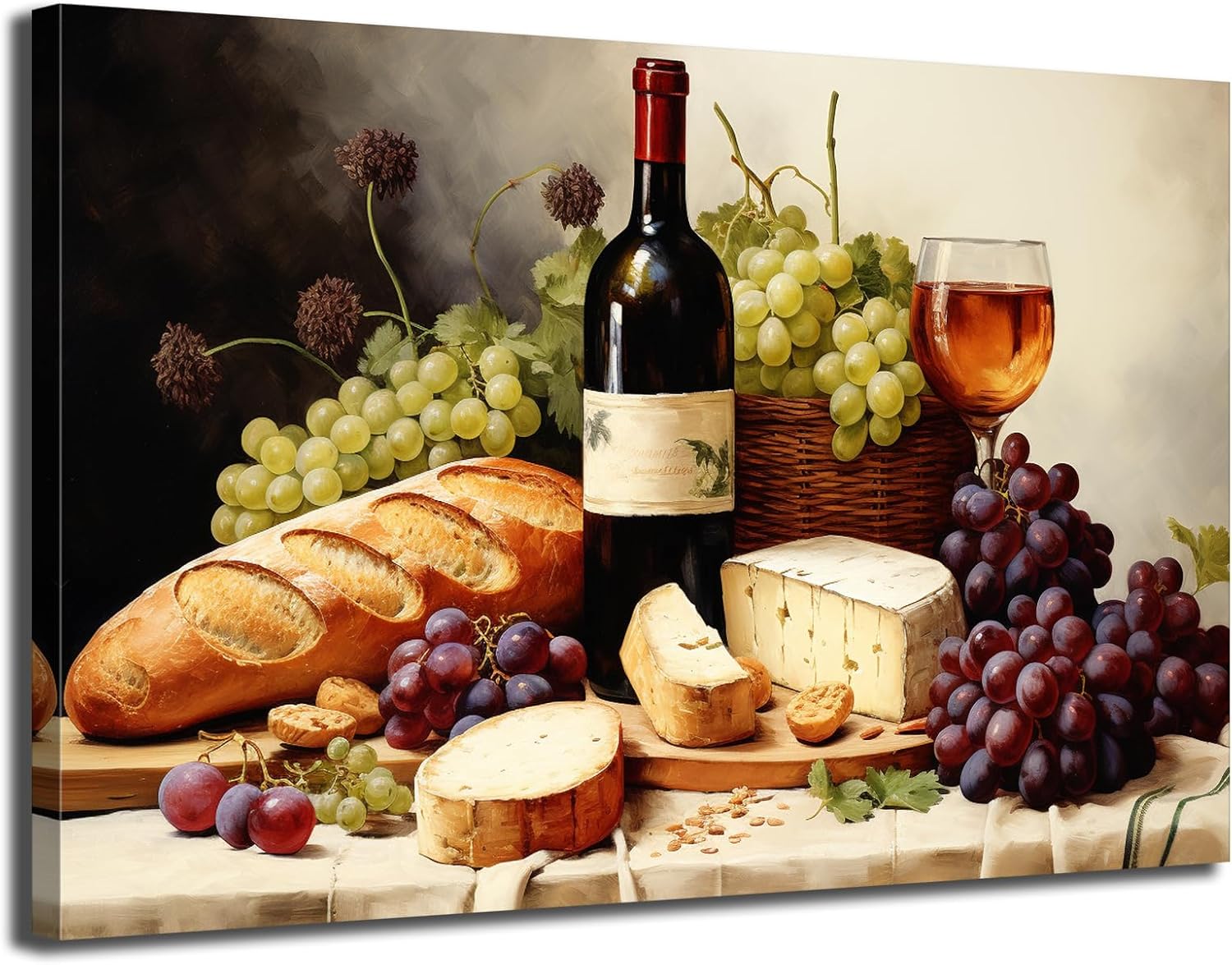 Kitchen Canvas Wall Art Vintage Red Wine & Grape Prints Picture Bread and Cheee Still Life Print Painting Framed fro Dining Room Restaurant Decoration