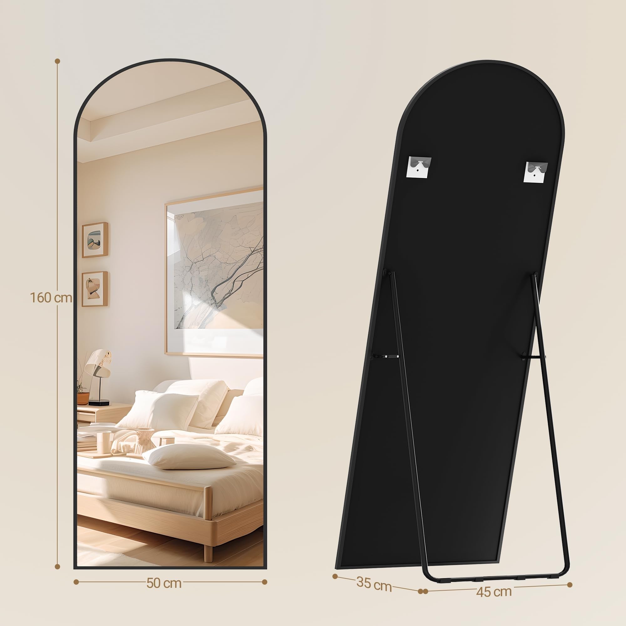 Hzuaneri Specchio a Figura Intera, 160 x 50 cm, Specchio da Terra ad Arco con Supporto, Vetro Temperato, Cornice in Lega di Alluminio, Può essere appeso al muro, Camera da Letto Soggiorno, Nero
